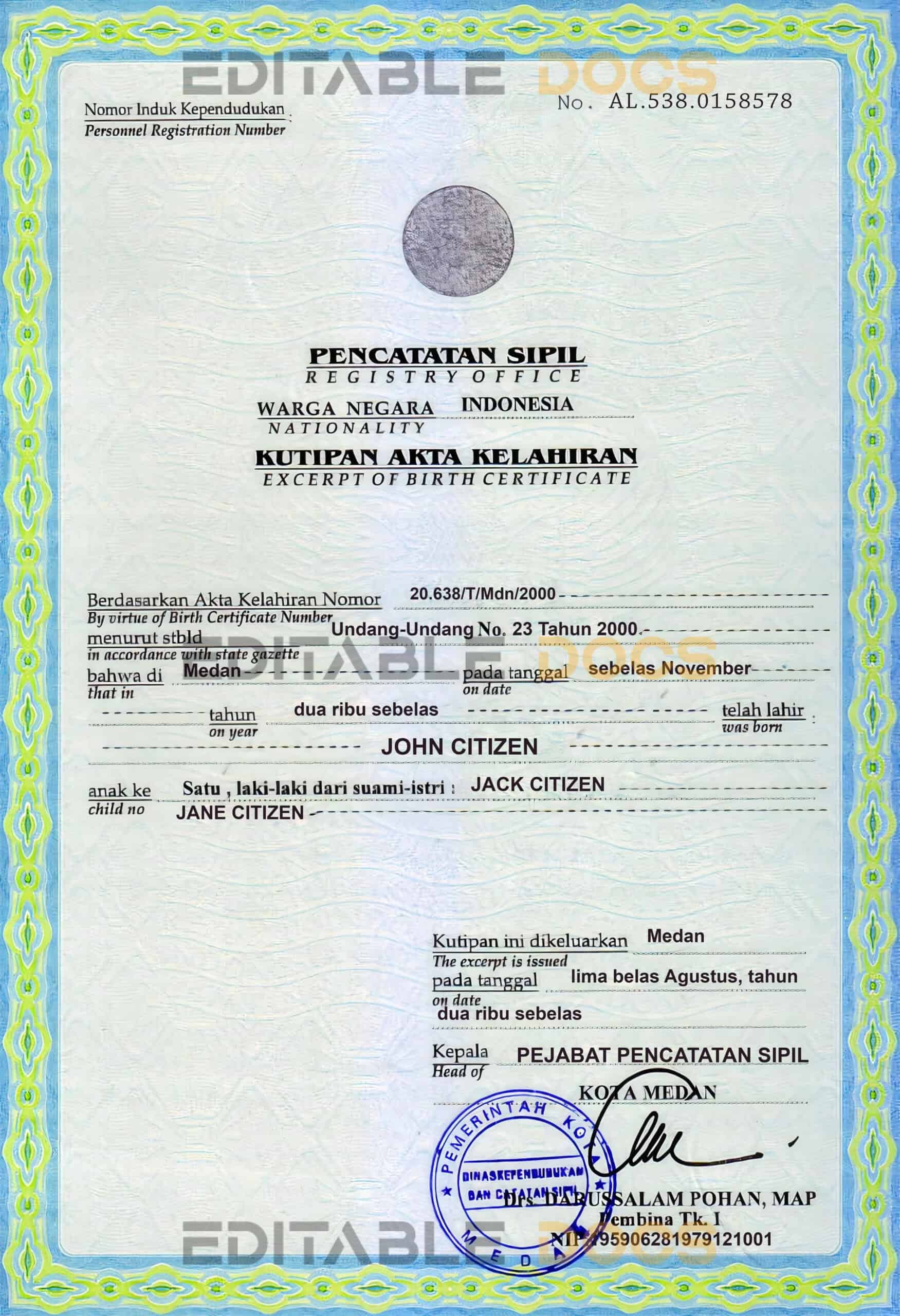 Indonesia birth certificate template in PSD format Authentic Indonesia Birth Certificate Template | Customize and Download Online