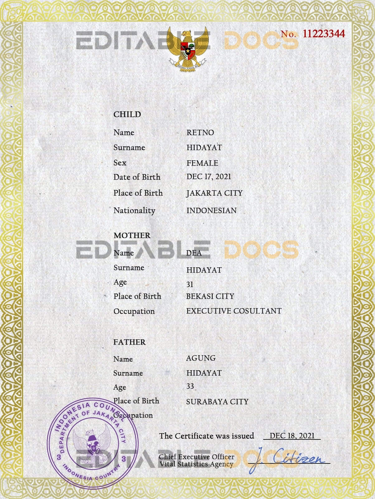 Indonesia vital record birth certificate PSD template Authentic Indonesia Birth Certificate Template | Customize and Download Online