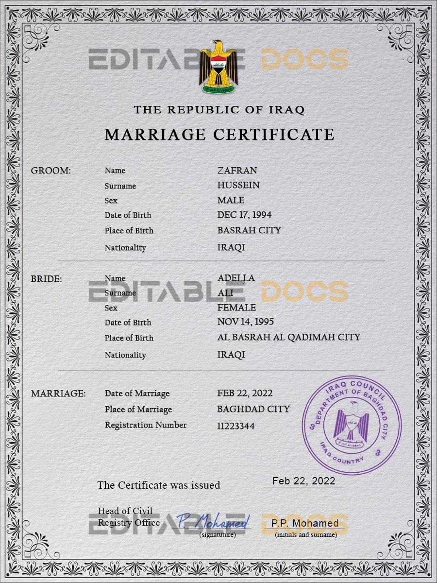 Iraq marriage certificate Word and PDF template