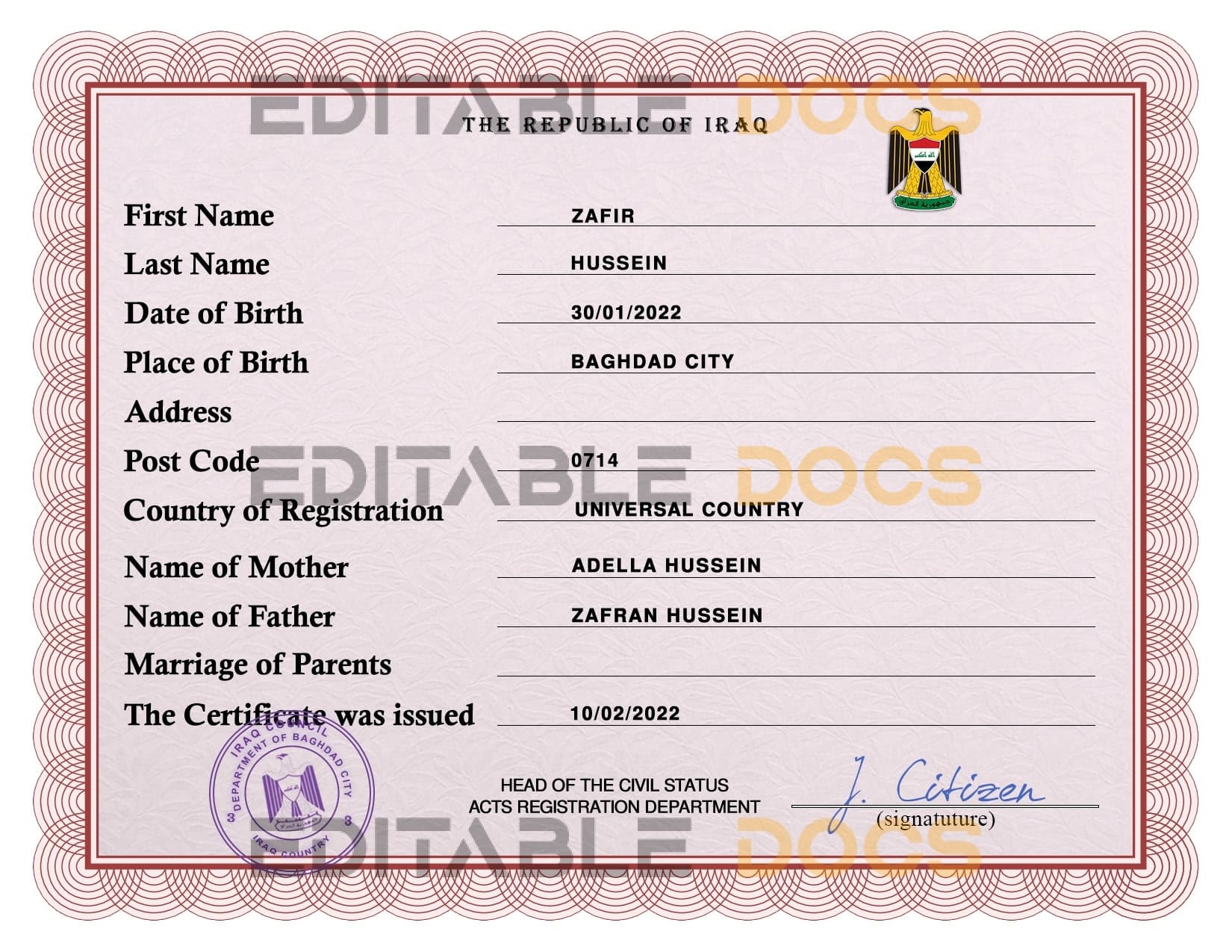 Iraq vital record birth certificate PSD template Authentic Iraq Birth Certificate Template | Customize and Download Online
