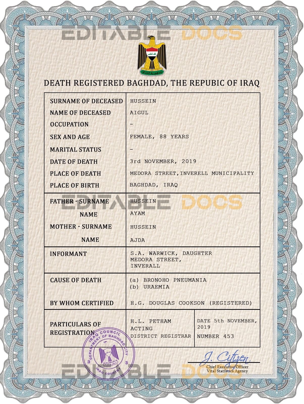 Iraq vital record death certificate PSD template Iraq vital record death certificate PSD template