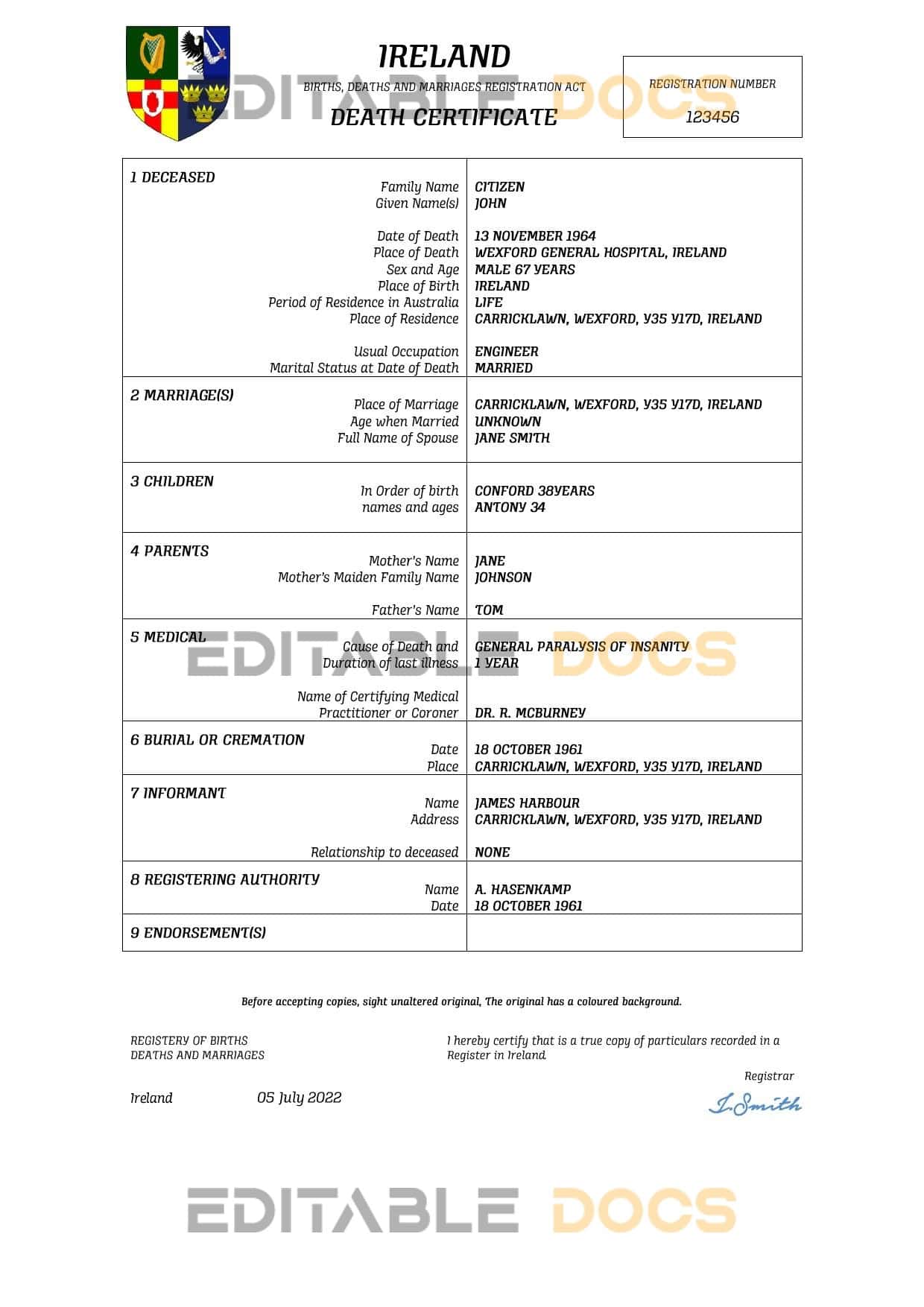 Ireland vital record death certificate Word and PDF template Ireland vital record death certificate Word and PDF template