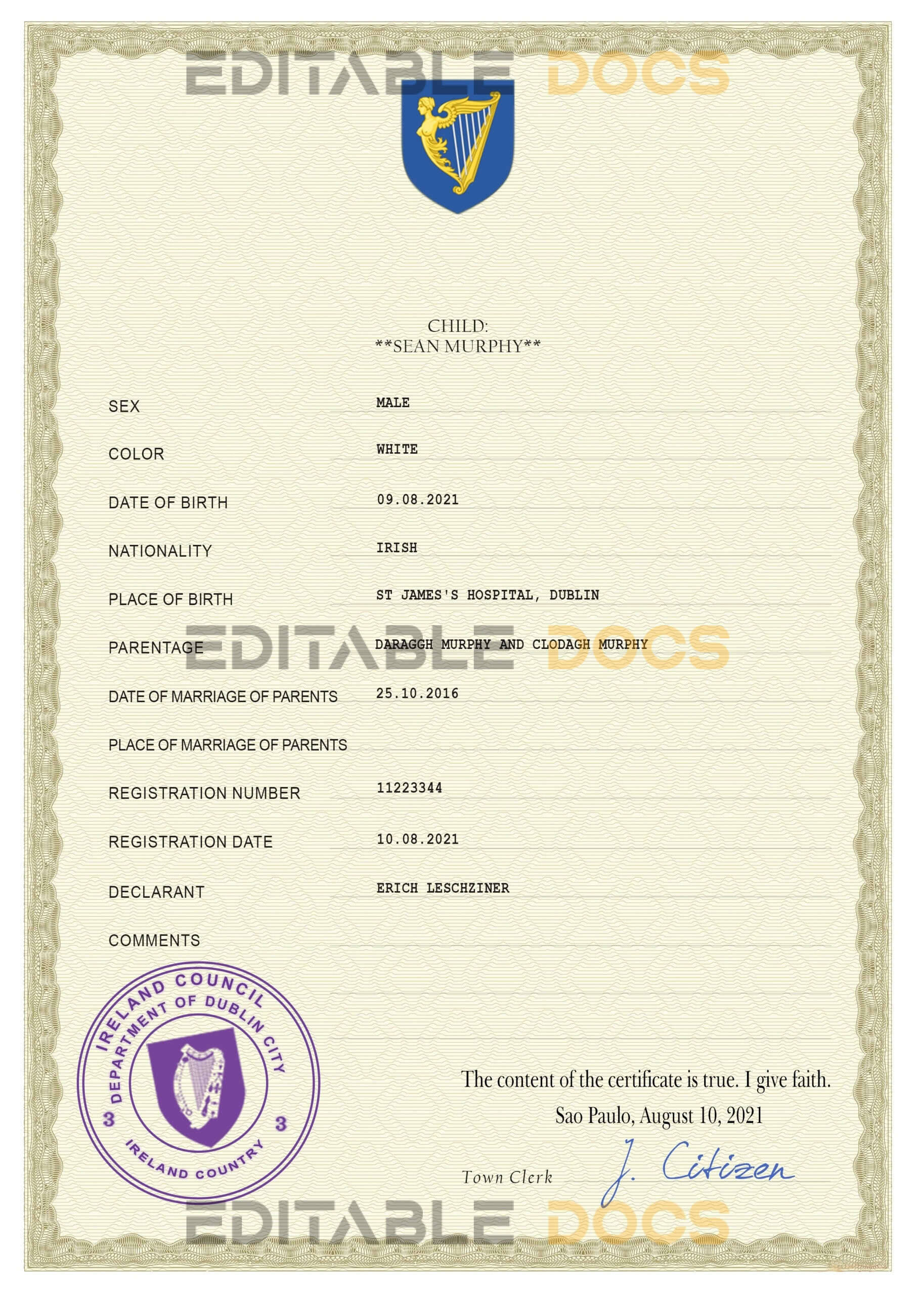 Ireland vital record birth certificate PSD template Authentic Ireland Birth Certificate Template | Customize and Download Online