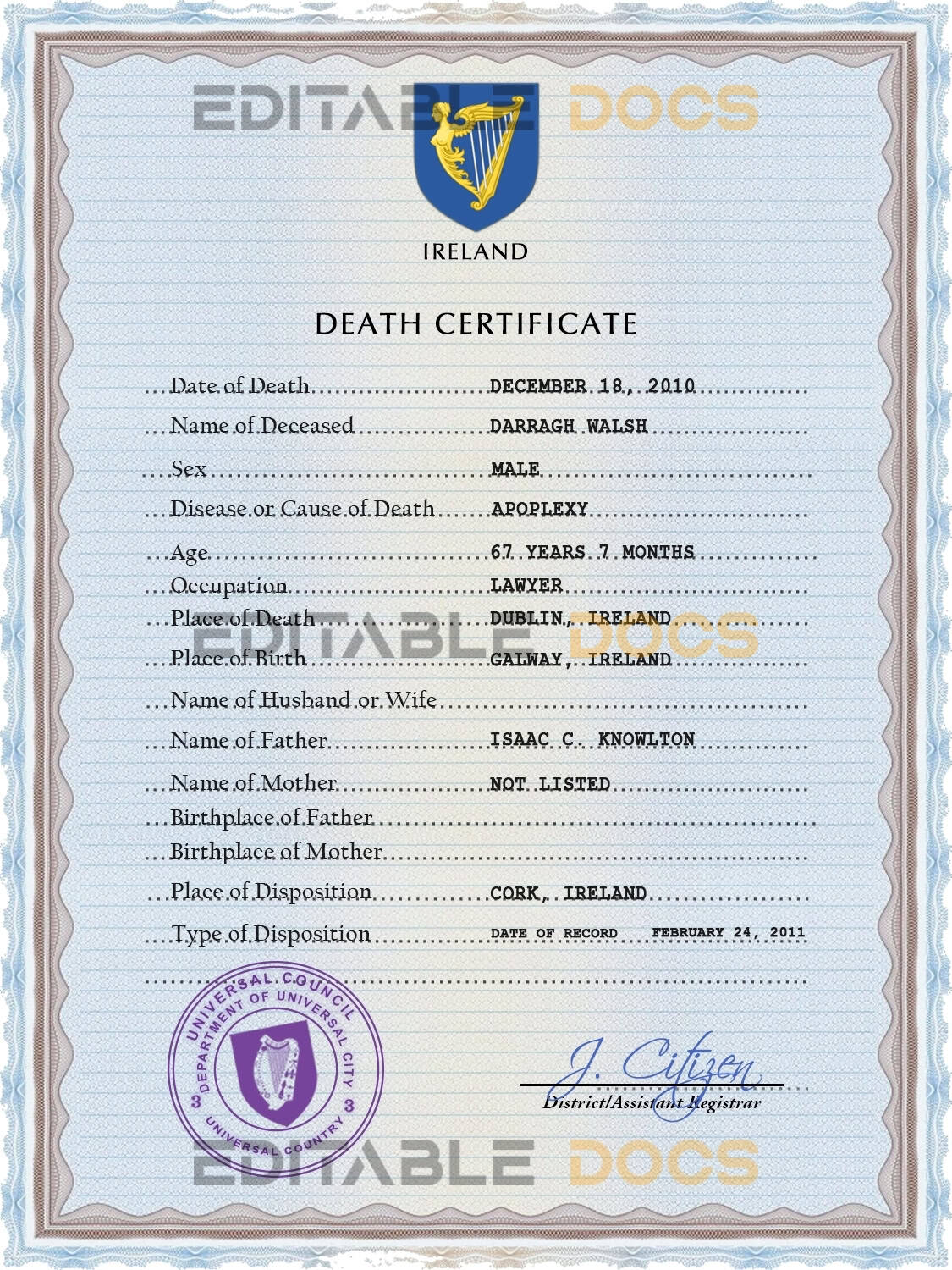 Ireland vital record death certificate PSD template