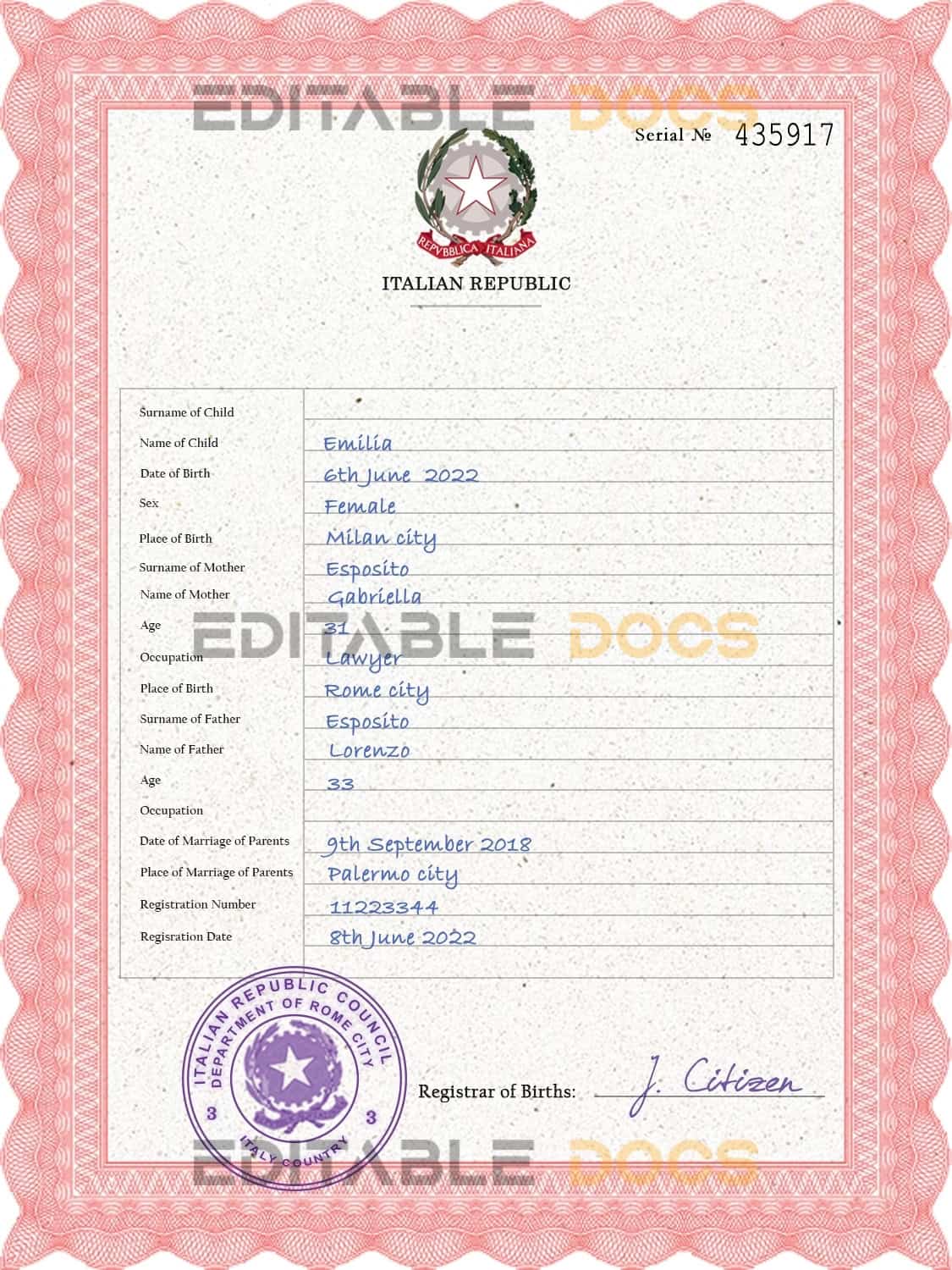 Italy birth certificate PSD template Authentic Italy Birth Certificate Template | Customize and Download Online