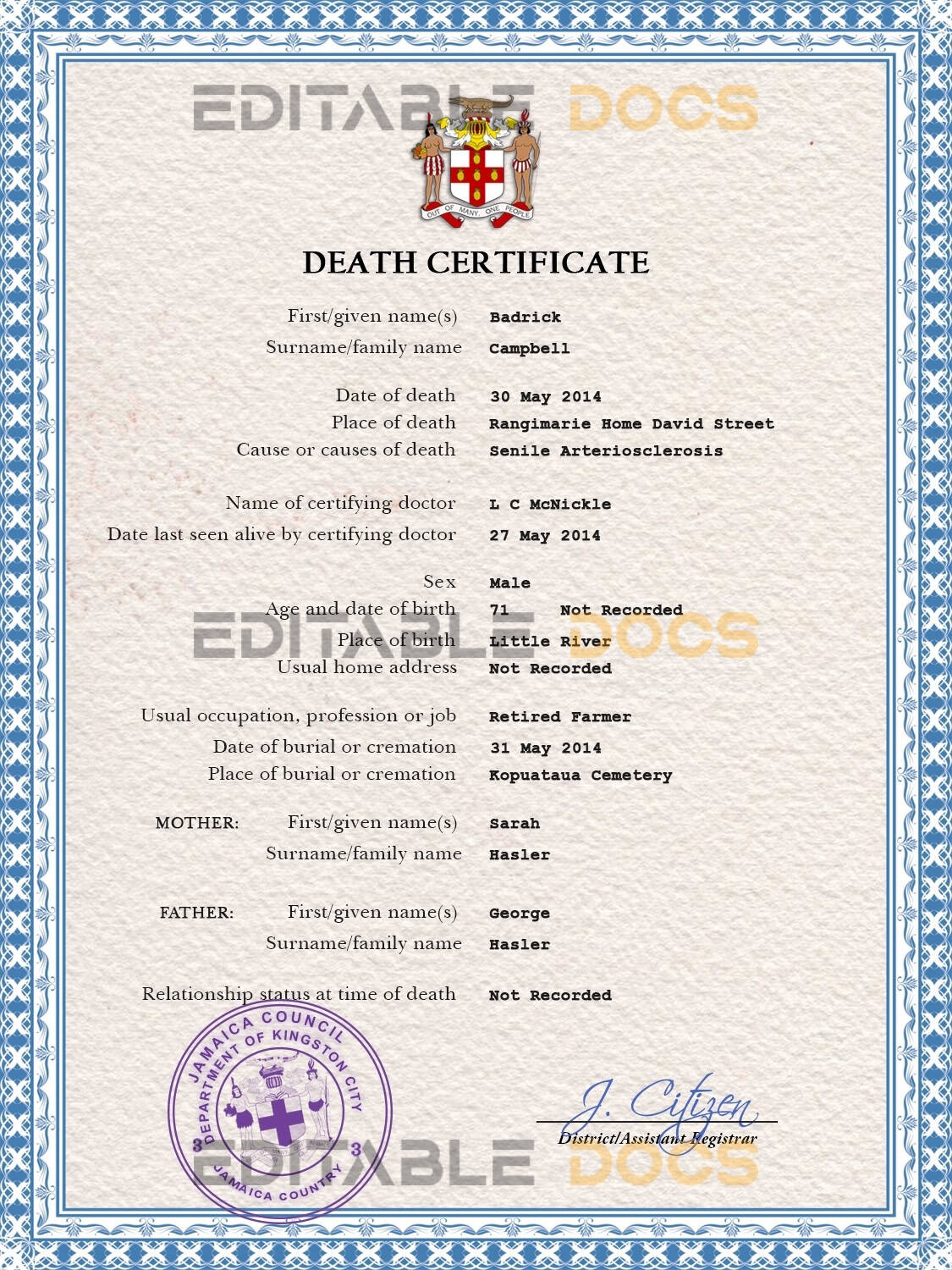 Jamaica death certificate PSD template