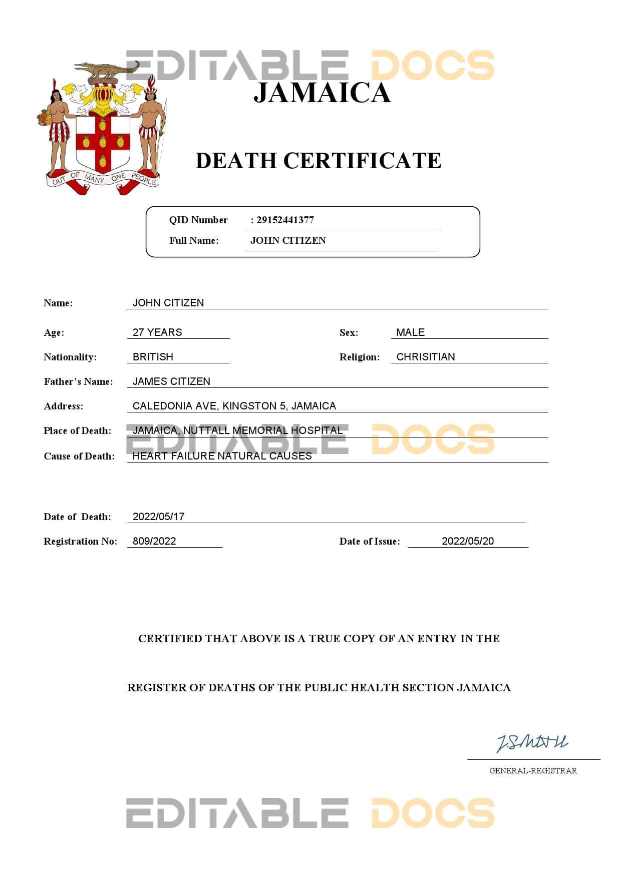 Jamaica vital record death certificate Word and PDF template Jamaica vital record death certificate Word and PDF template