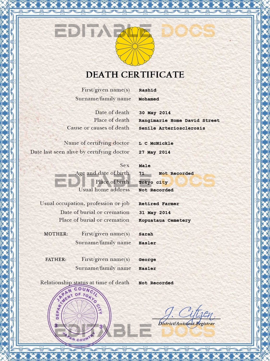 Japan vital record death certificate PSD template Japan vital record death certificate PSD template