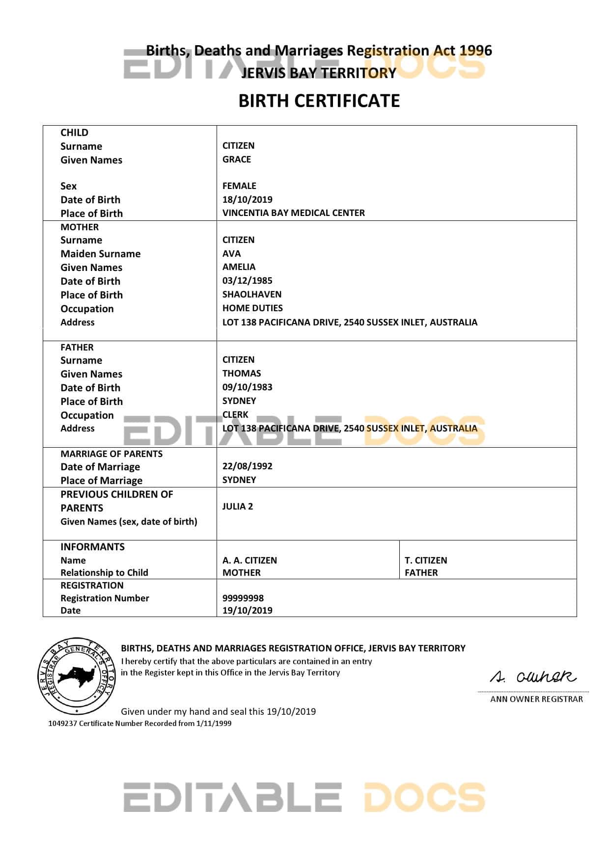 Australia Jervis Bay territory birth certificate template in Word and PDF format