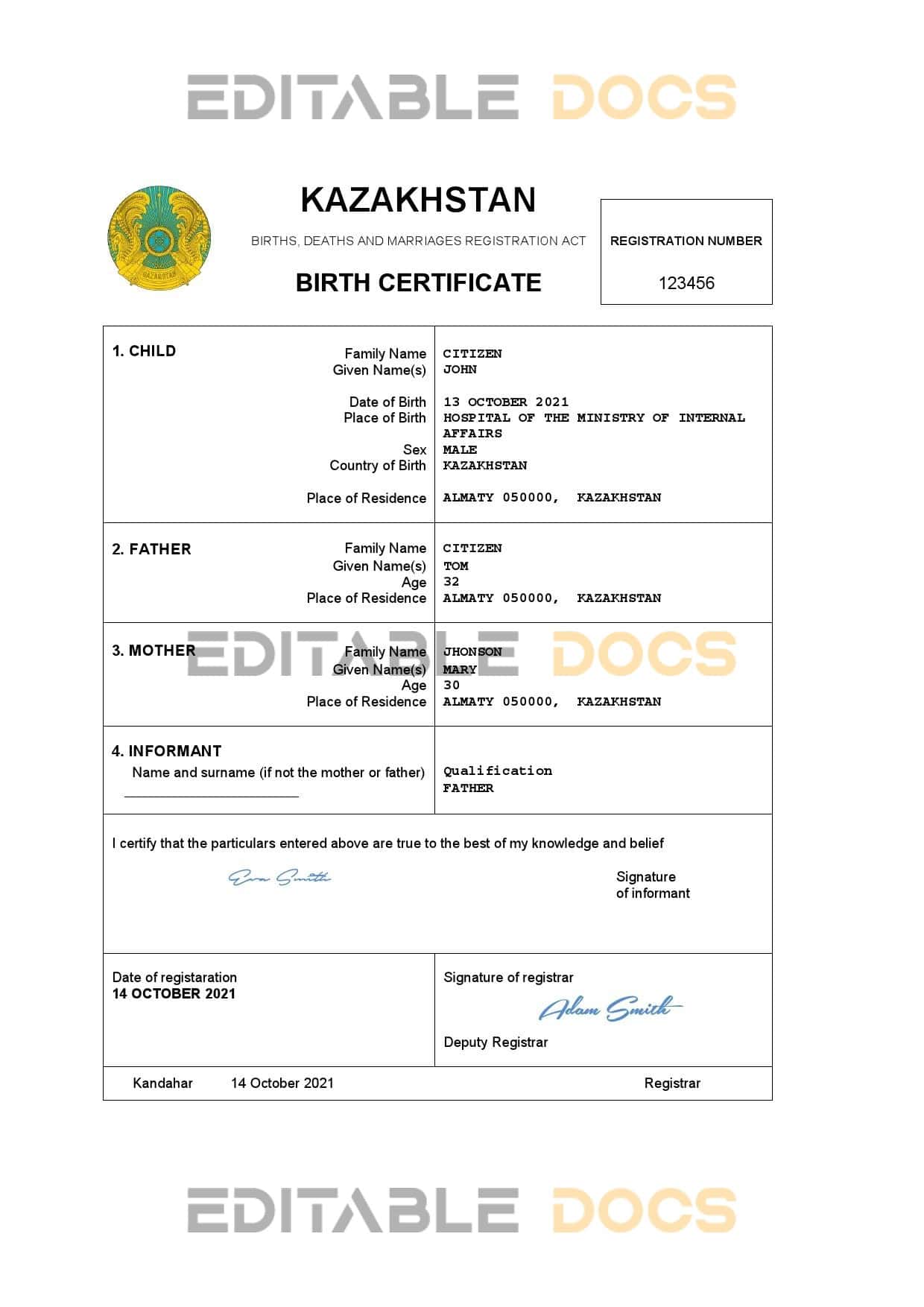 Kazakhstan-certificate.jpg Kazakhstan vital record birth certificate Word and PDF template