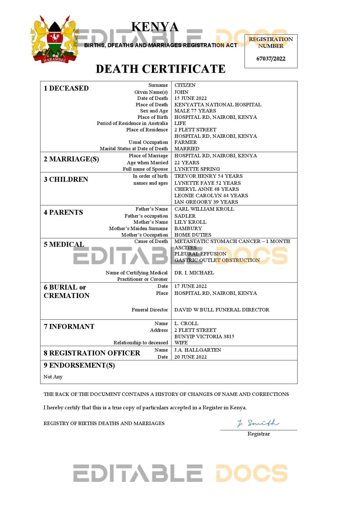 Kenya vital record death certificate Word and PDF template Kenya vital record death certificate Word and PDF template