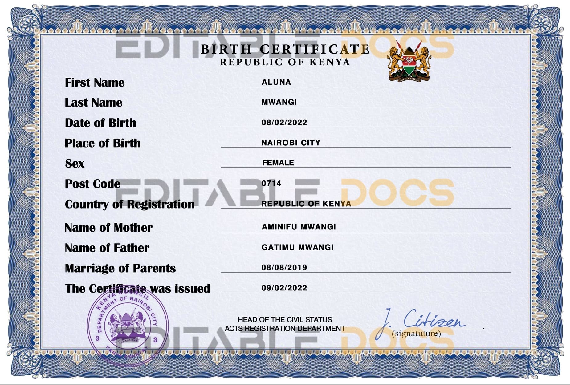 Kenya vital record birth certificate PSD template Authentic Kenya Birth Certificate Template | Customize and Download Online
