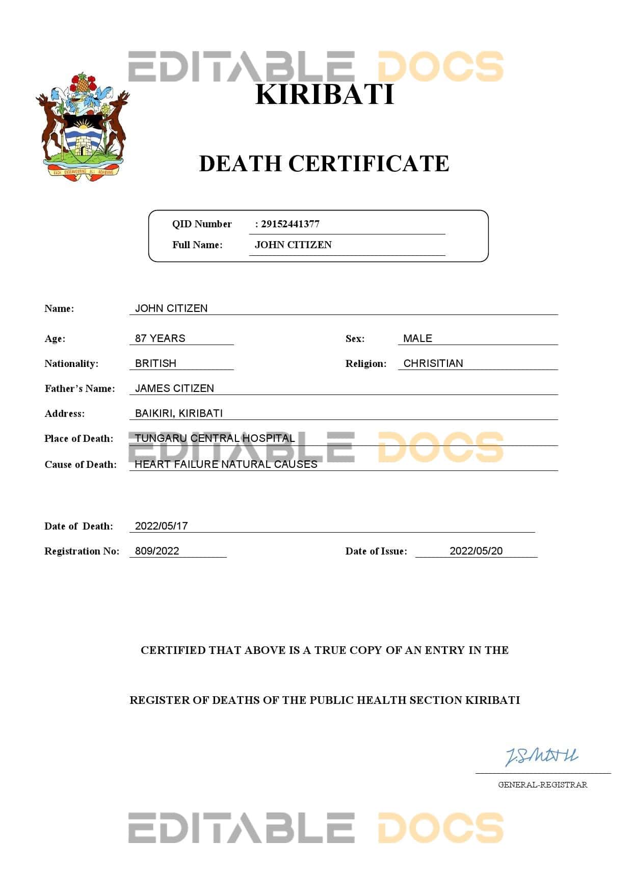 Kiribati vital record death certificate Word and PDF template Kiribati vital record death certificate Word and PDF template