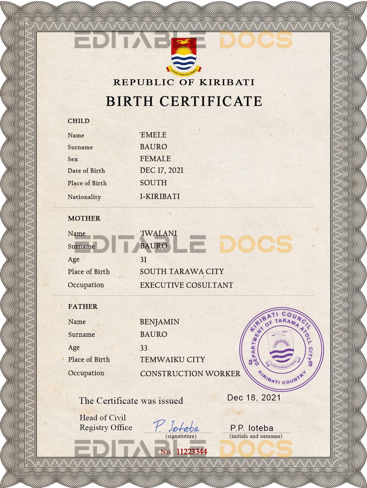 Kiribati vital record birth certificate PSD template Authentic Kiribati Birth Certificate Template | Customize and Download Online