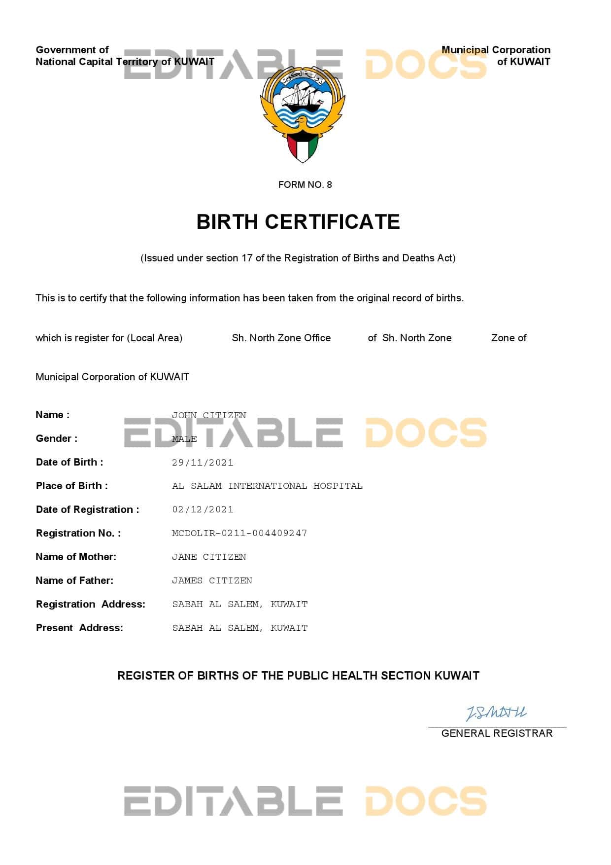 Kuwait-birth-certificate.jpg Kuwait vital record birth certificate Word and PDF template