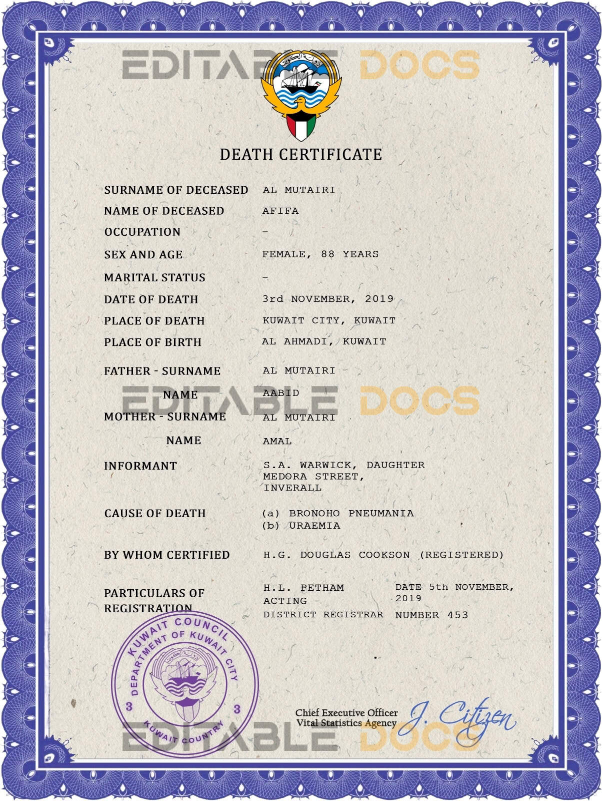 Kuwait vital record death certificate PSD template Kuwait vital record death certificate PSD template