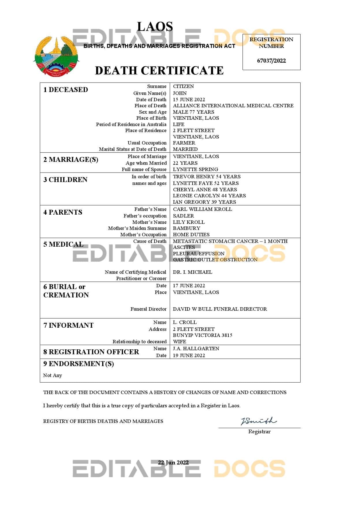 Laos vital record death certificate Word and PDF template Laos vital record death certificate Word and PDF template