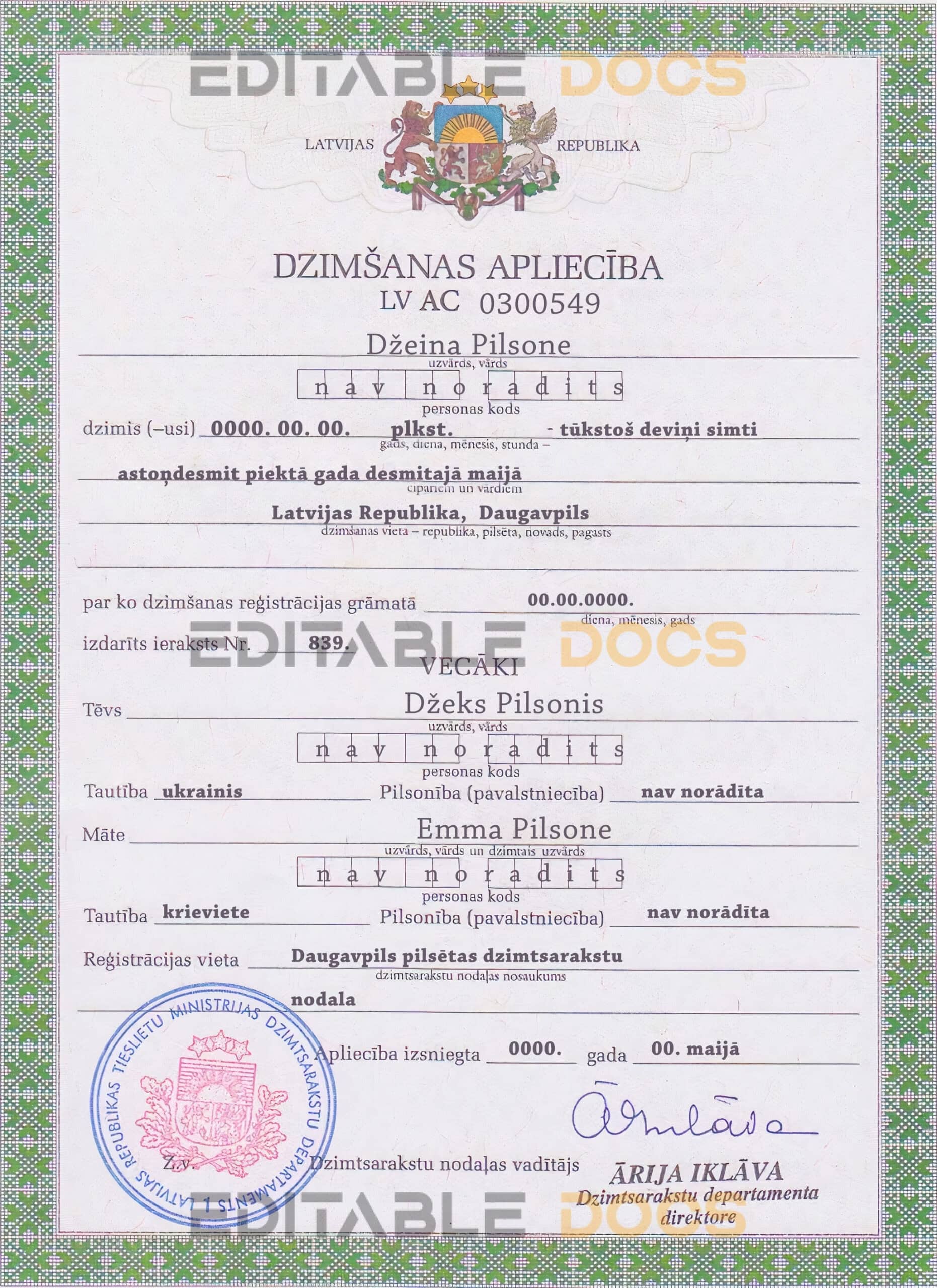 Latvia birth certificate template in PSD format Authentic Latvia Birth Certificate Template | Customize and Download Online