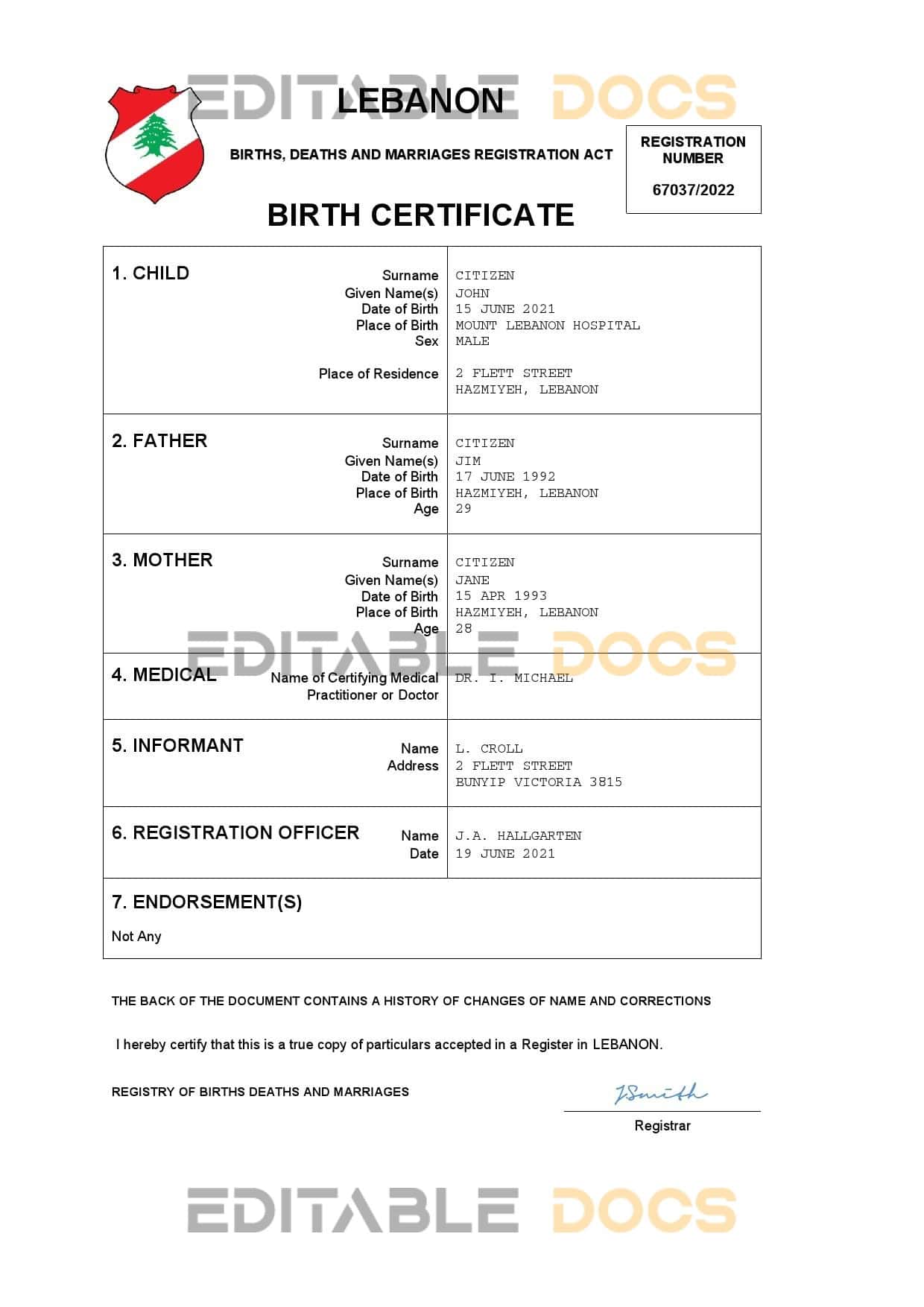 Lebanon-birth-certificate.jpg Lebanon vital record birth certificate Word and PDF template