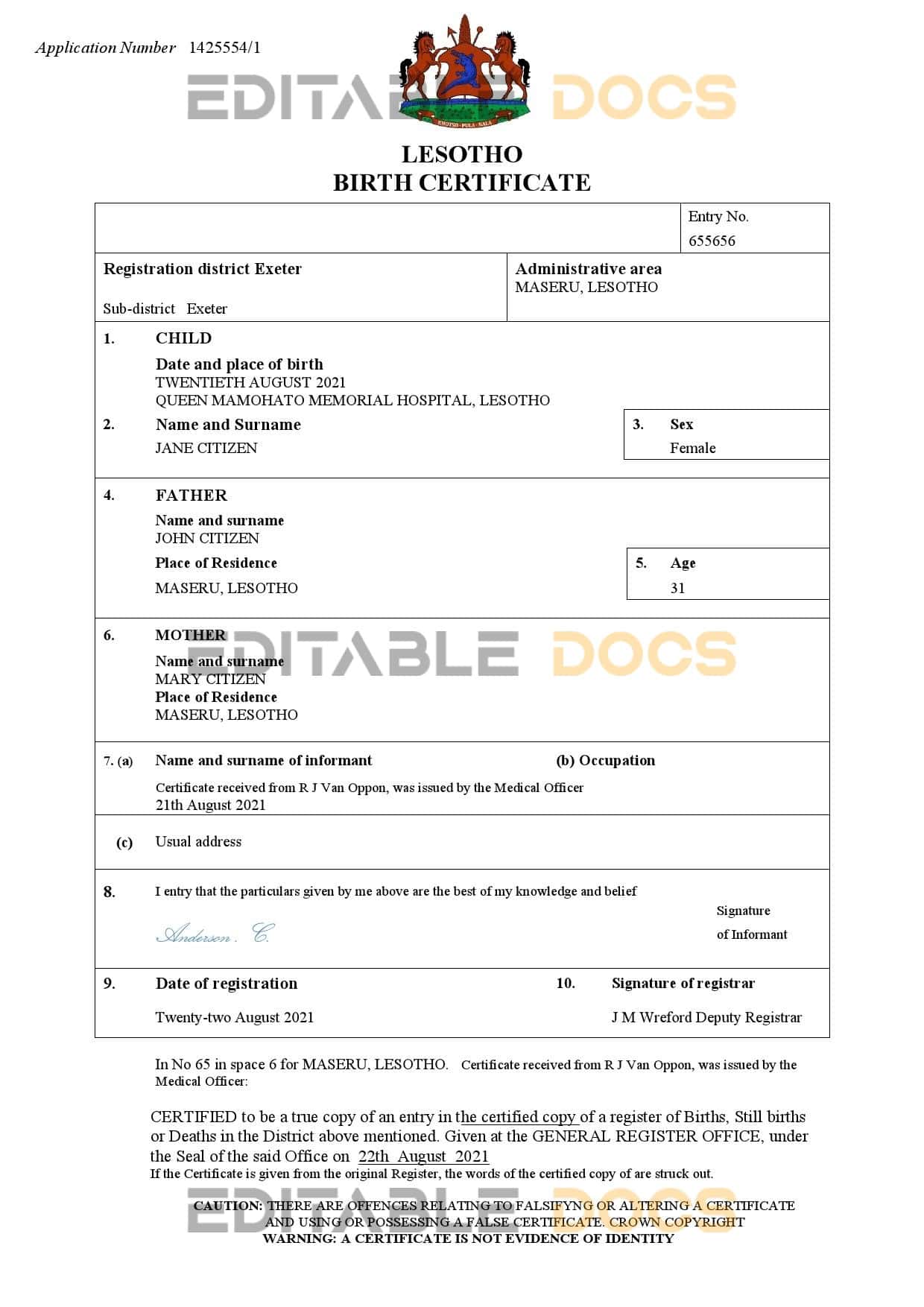 Lesotho-birth-certificate.jpg Lesotho birth certificate Word and PDF template