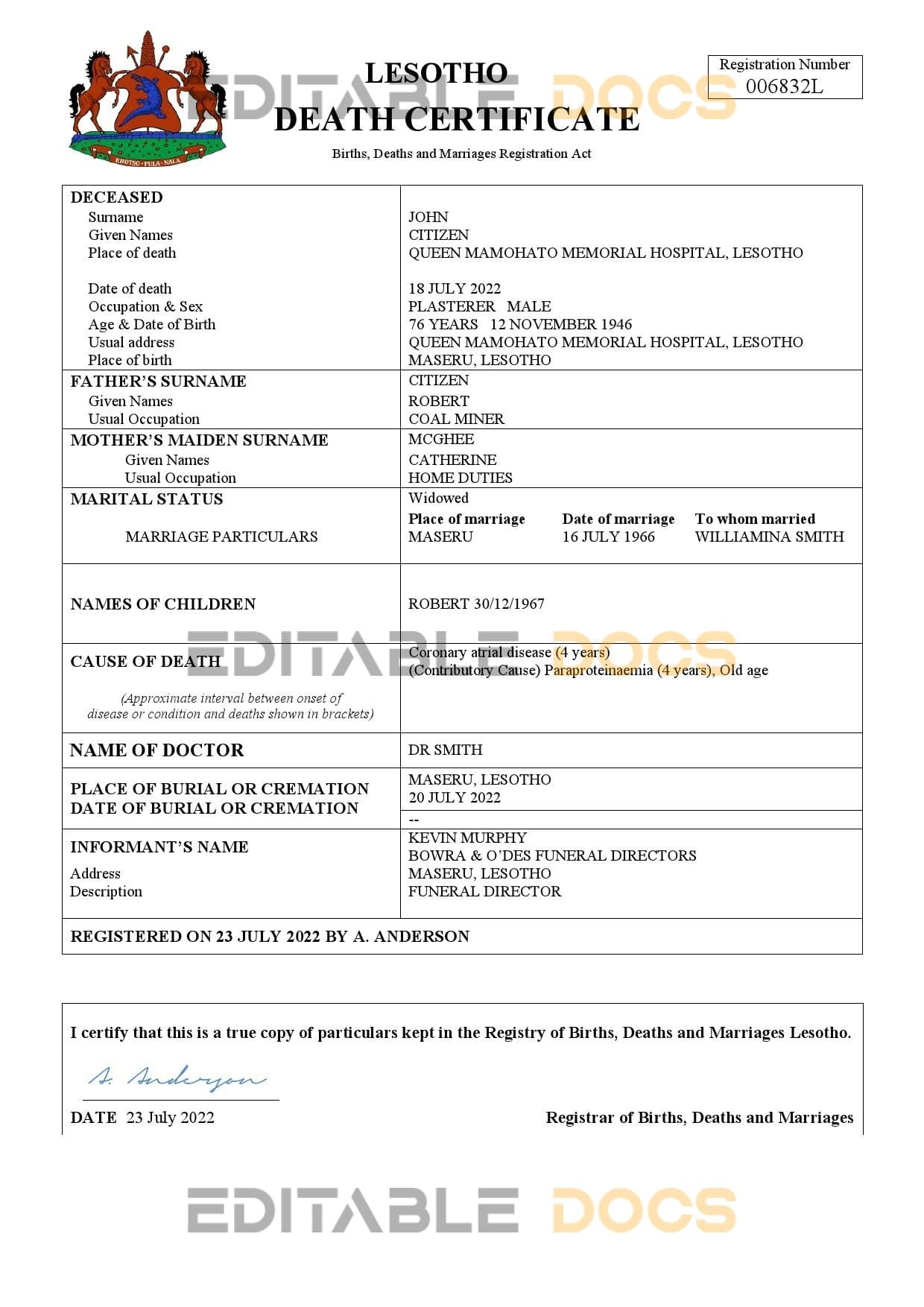 Lesotho vital record death certificate Word and PDF template Lesotho vital record death certificate Word and PDF template