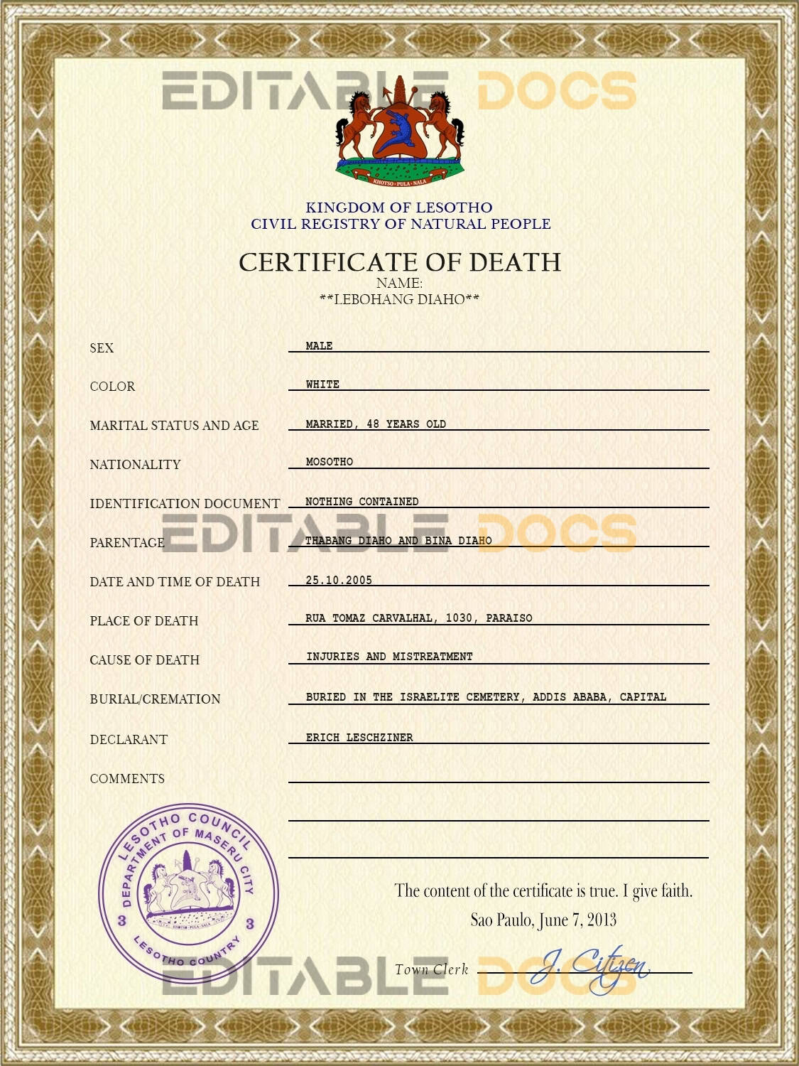 Lesotho vital record death certificate PSD template Lesotho vital record death certificate PSD template