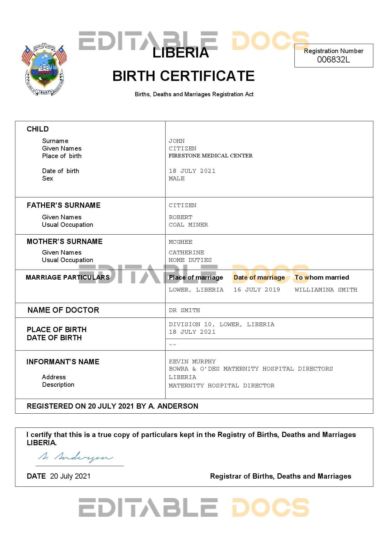 Liberia-birth-certificate.jpg Liberia vital record birth certificate Word and PDF template