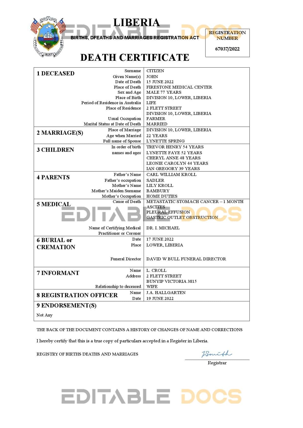 Liberia death certificate Word and PDF template