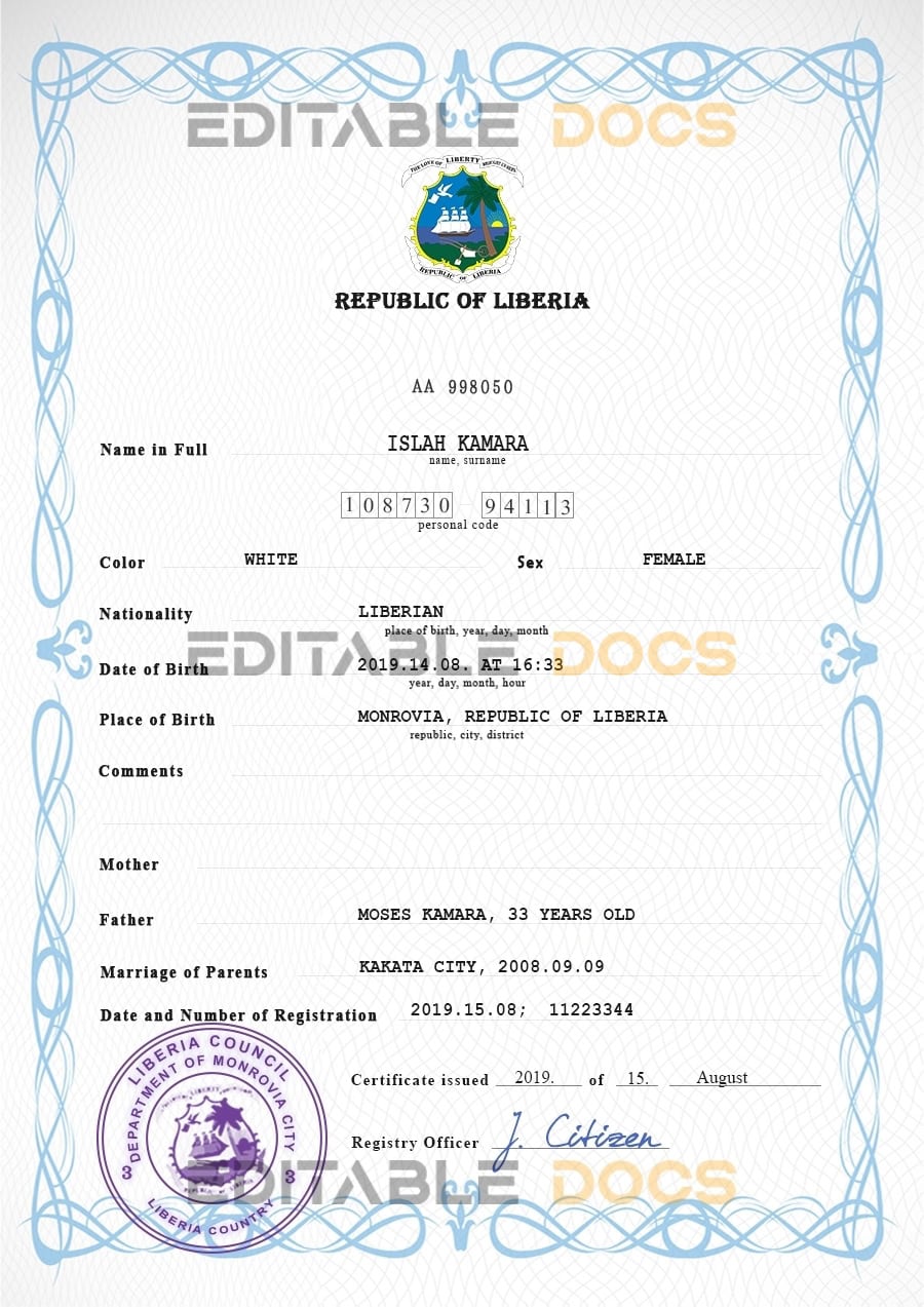 Liberia vital record birth certificate PSD template Authentic Liberia Birth Certificate Template | Customize and Download Online