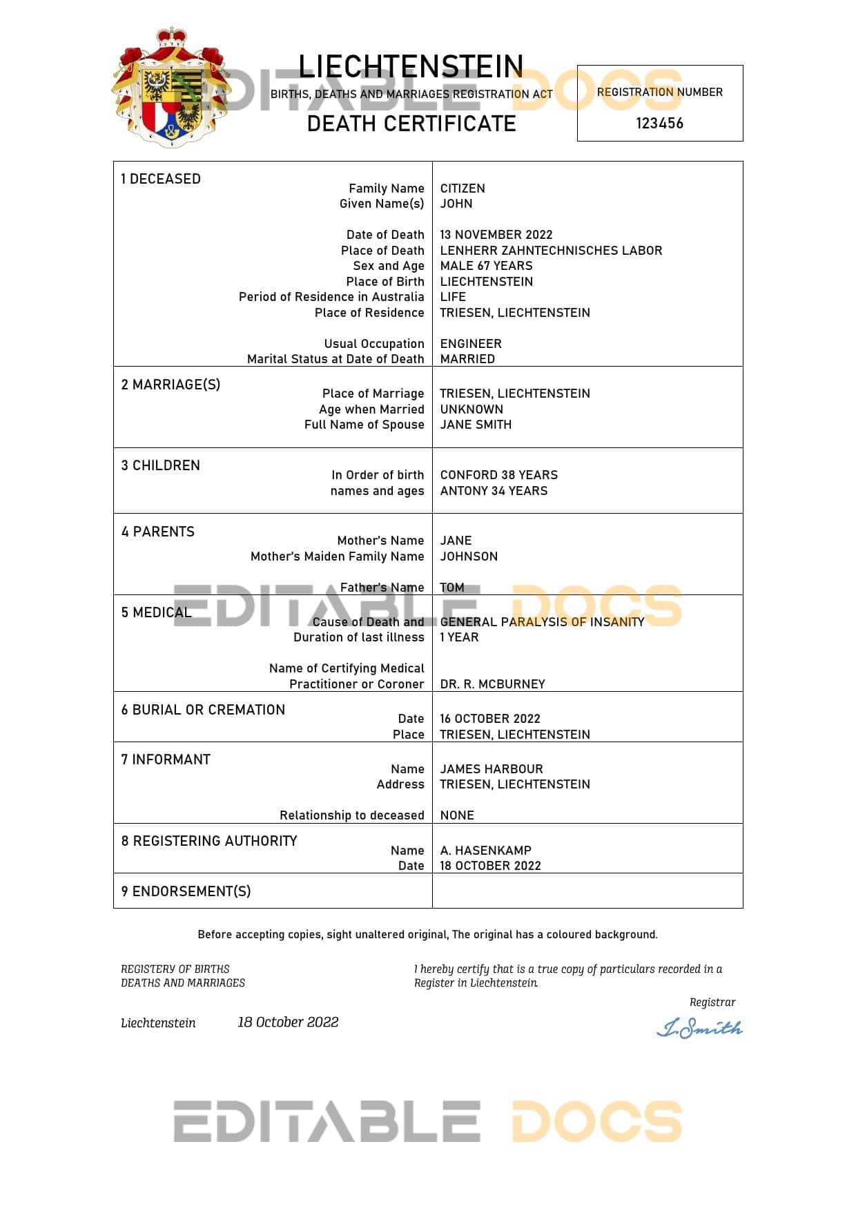 Liechtenstein vital record death certificate Word and PDF template Liechtenstein vital record death certificate Word and PDF template