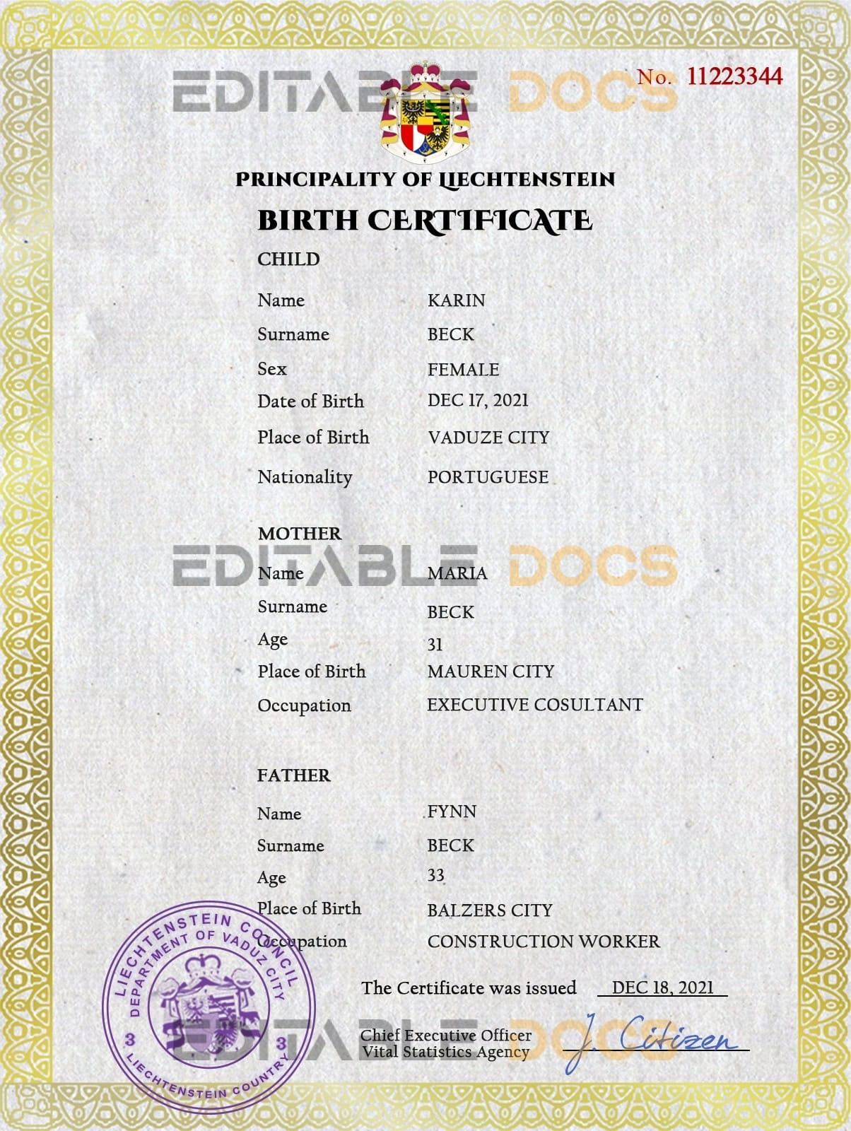 Liechtenstein vital record birth certificate PSD template Authentic Liechtenstein Birth Certificate Template | Customize and Download Online