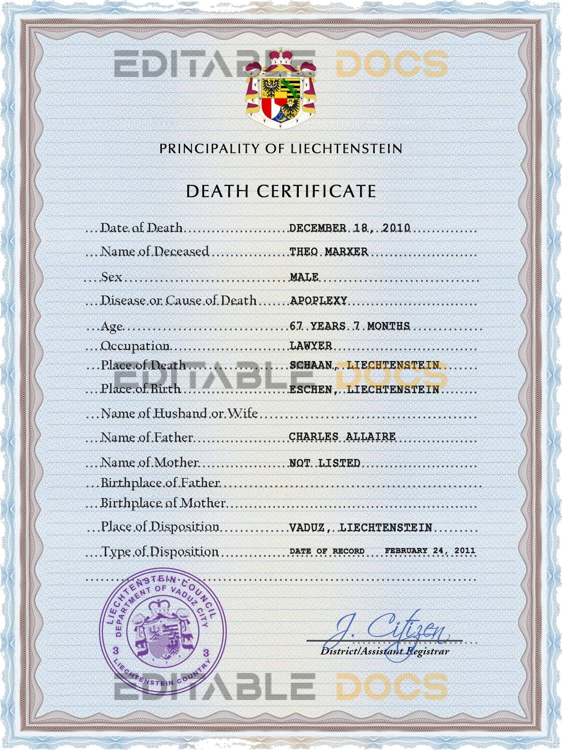 Liechtenstein vital record death certificate PSD template Liechtenstein vital record death certificate PSD template