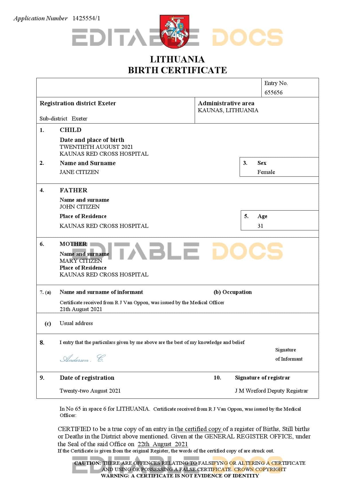 Lithuania-birth-certificate.jpg Lithuania birth certificate Word and PDF template