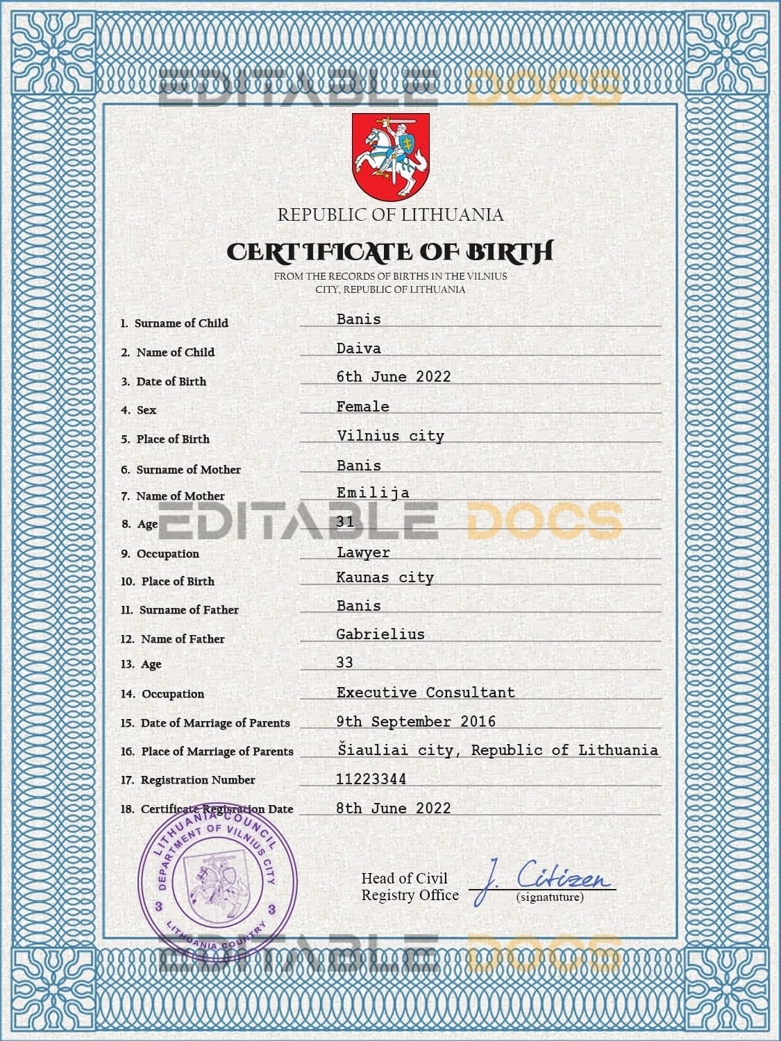 Lithuania vital record birth certificate PSD template Authentic Lithuania Birth Certificate Template | Customize and Download Online
