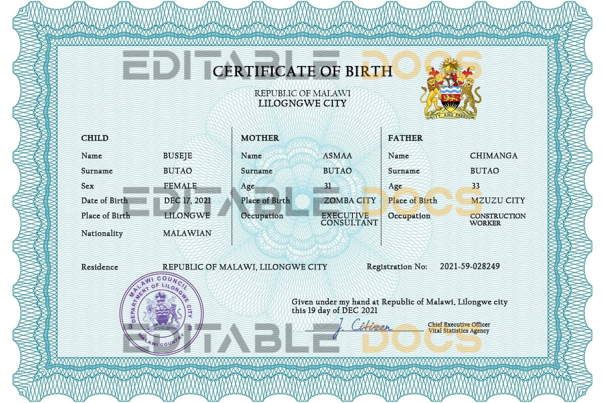 Malawi vital record birth certificate PSD template Authentic Malawi Birth Certificate Template | Customize and Download Online