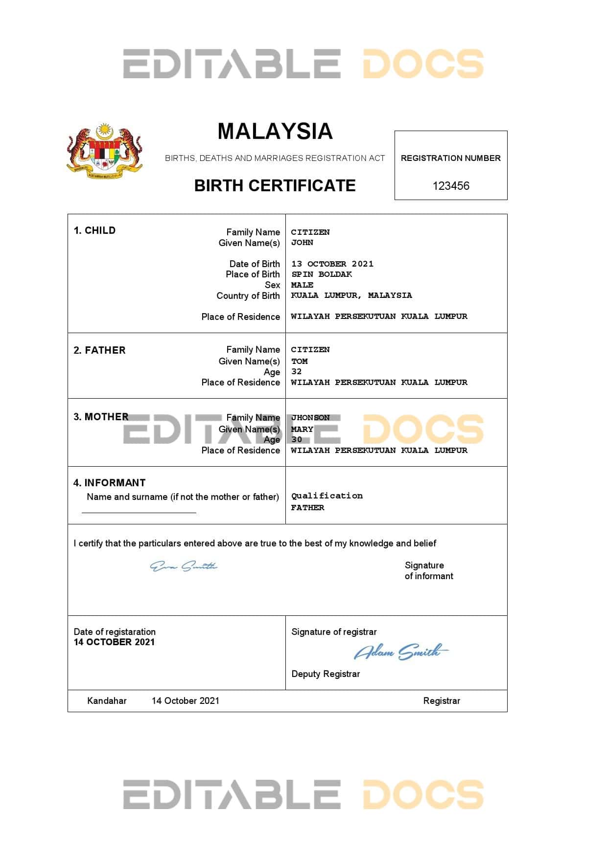 Malaysia vital record birth certificate Word and PDF template