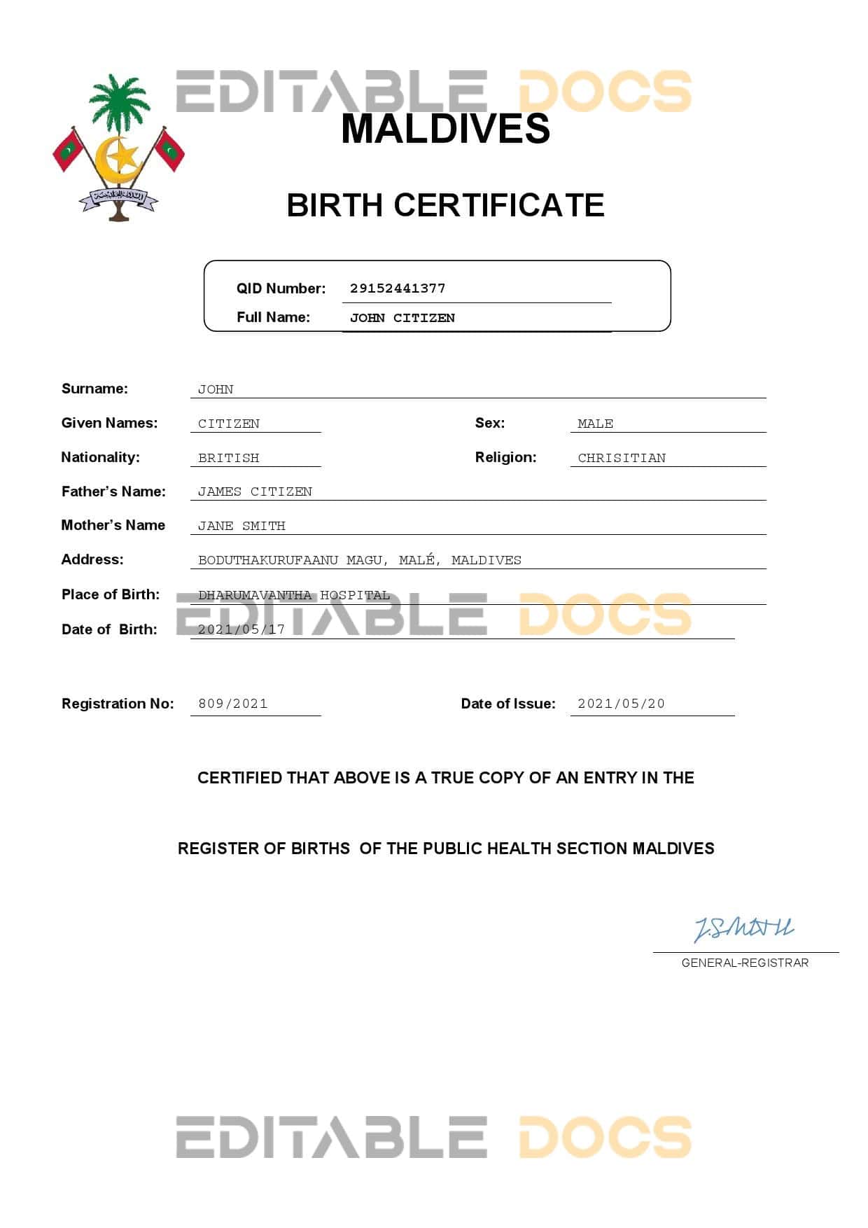 Maldives birth certificate Word and PDF template