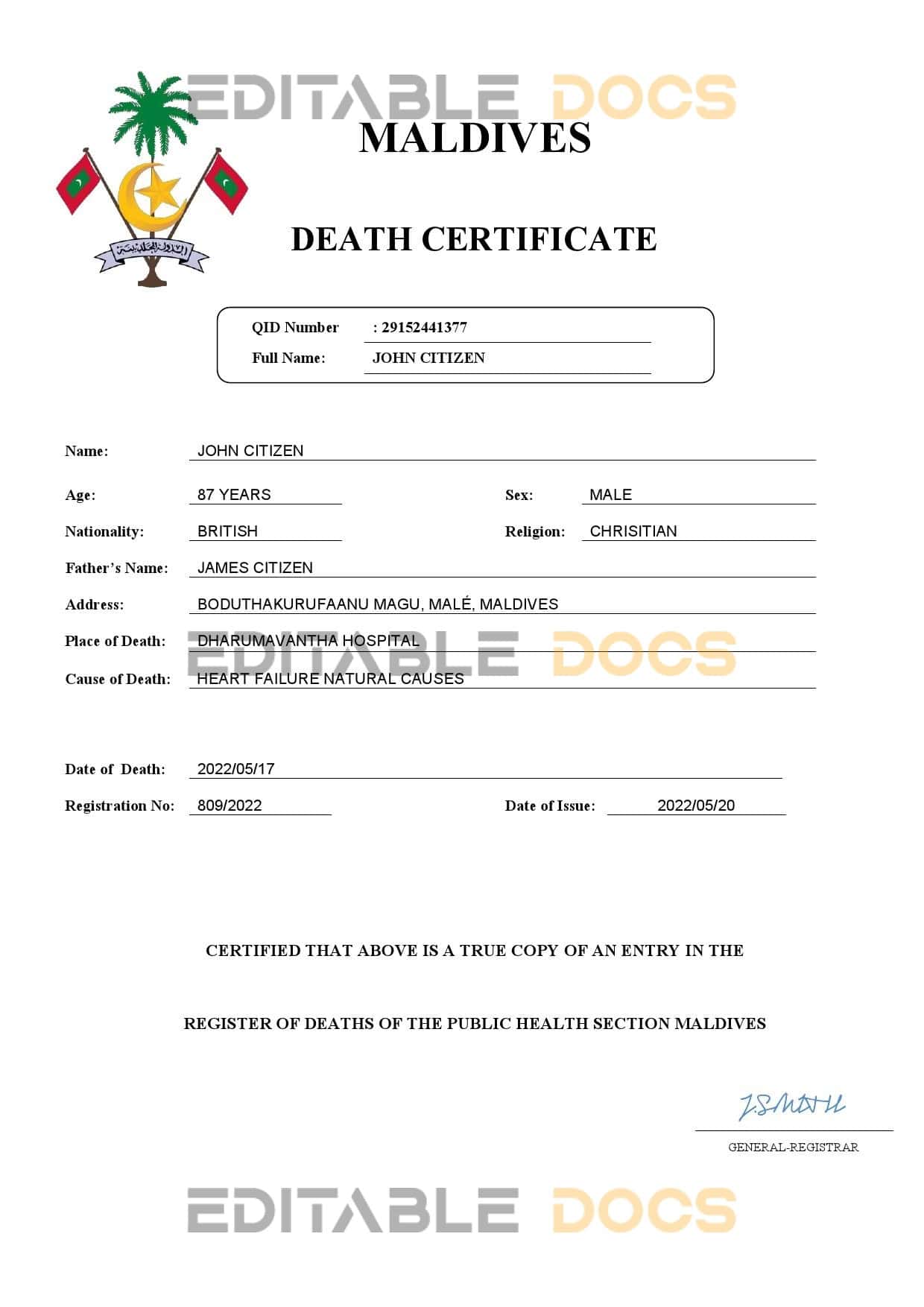 Maldives vital record death certificate Word and PDF template