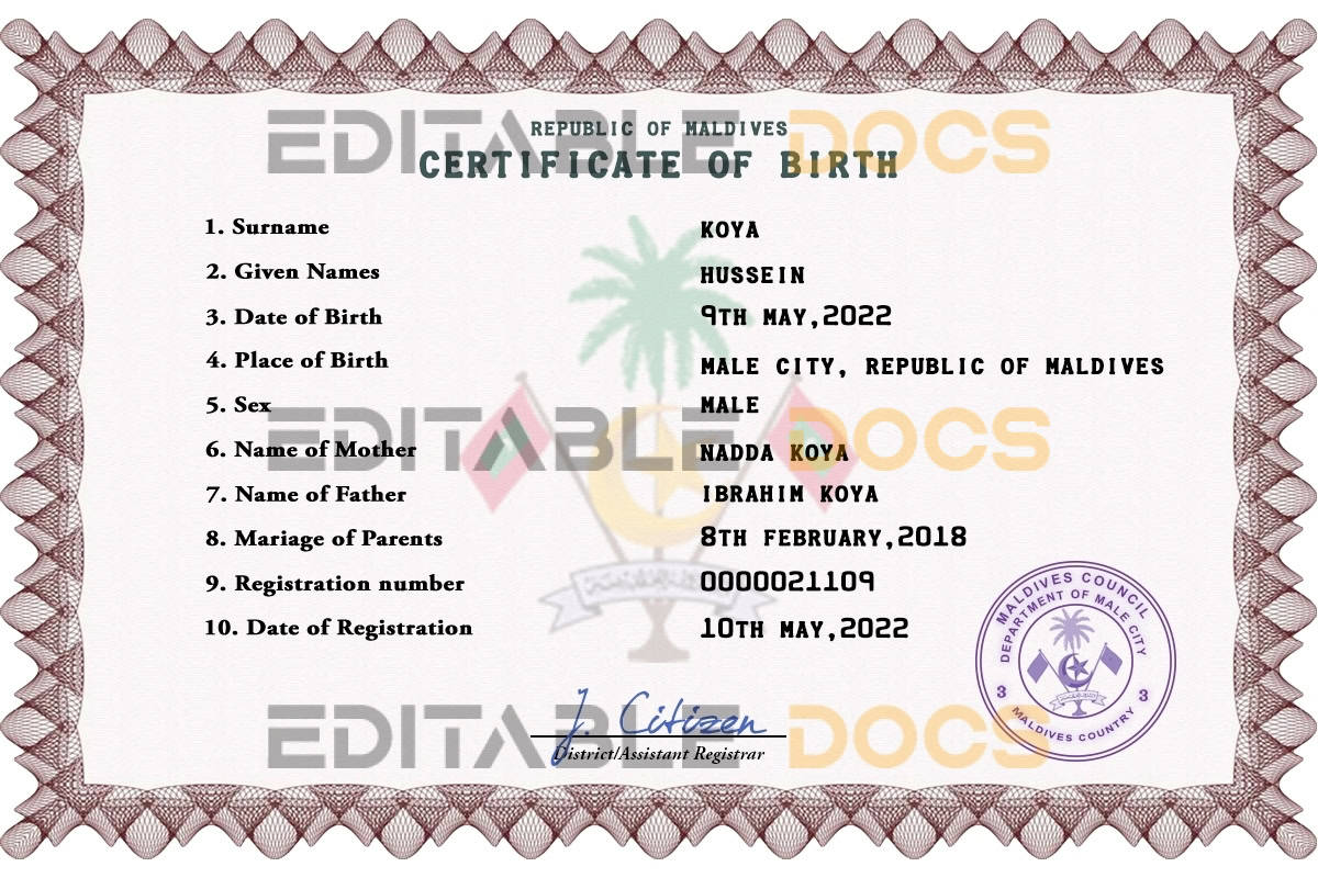 Maldives vital record birth certificate PSD template Authentic Maldives Birth Certificate Template | Customize and Download Online
