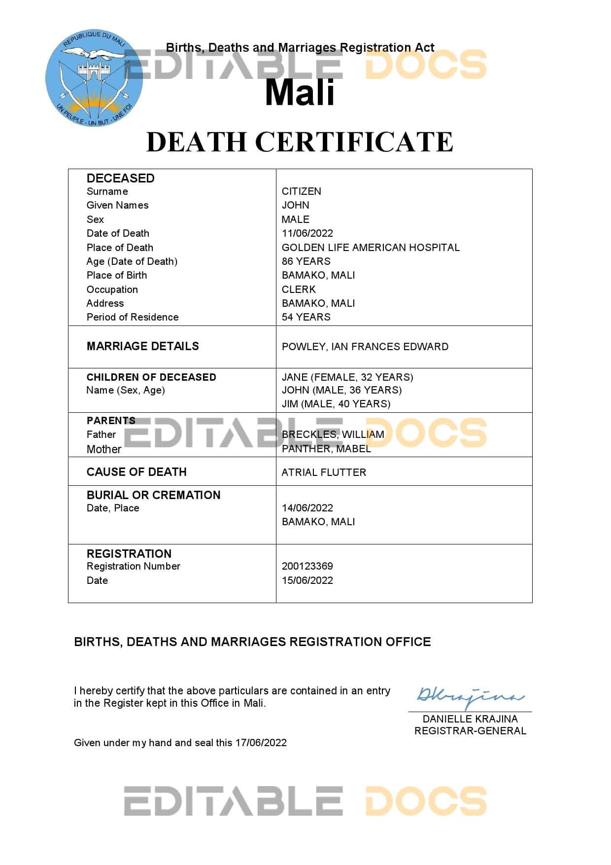 Mali vital record death certificate Word and PDF template
