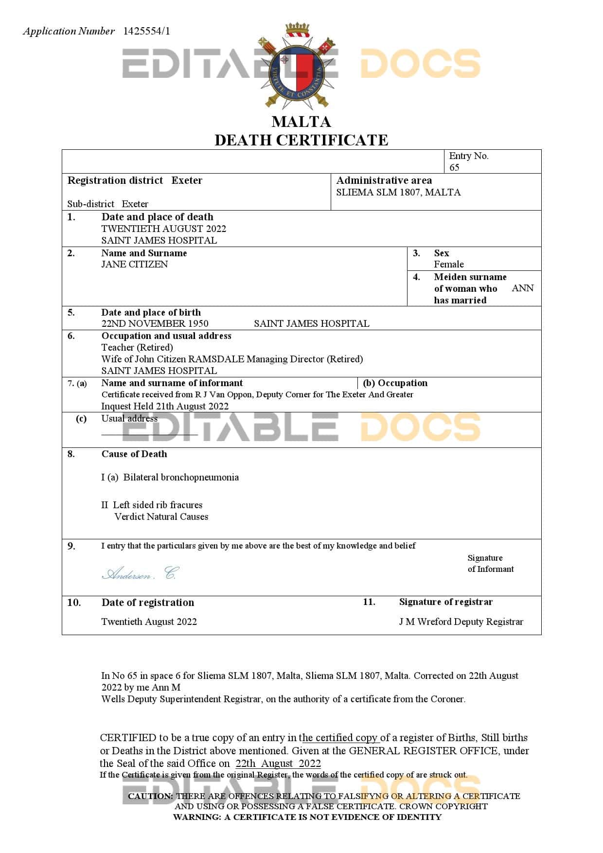 Malta death certificate Word and PDF template