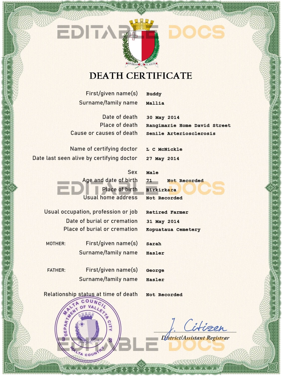 Malta vital record death certificate PSD template Malta vital record death certificate PSD template
