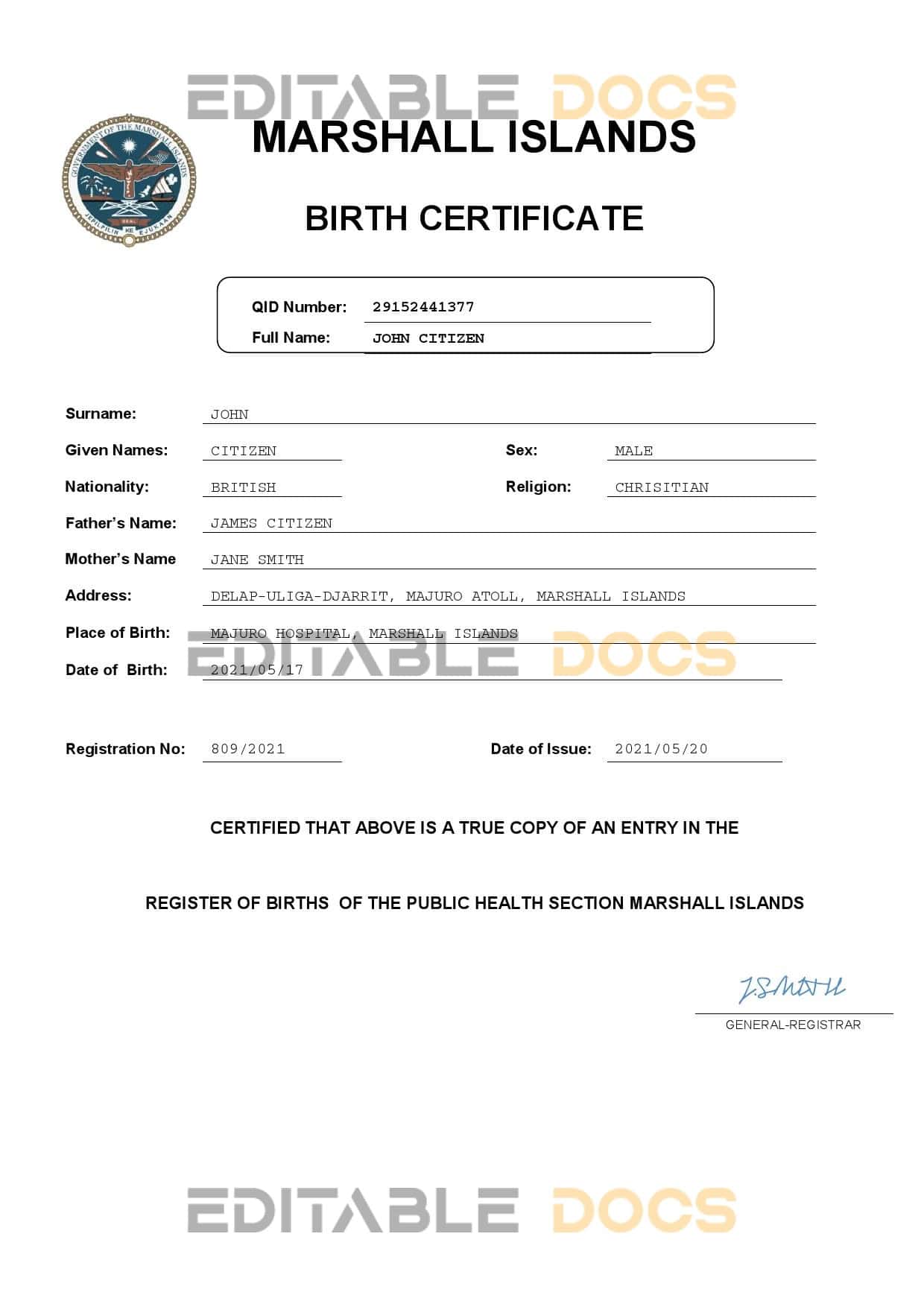 Marshall Islands vital record birth certificate Word and PDF template