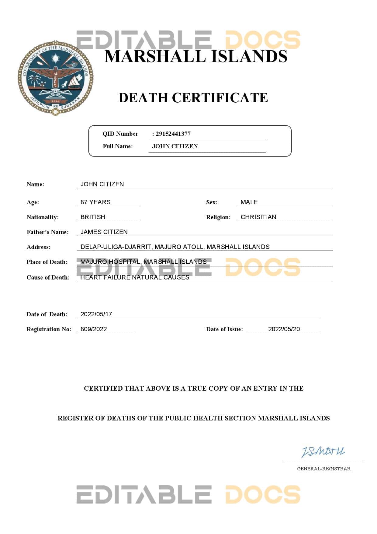 Marshall Islands vital record death certificate Word and PDF template