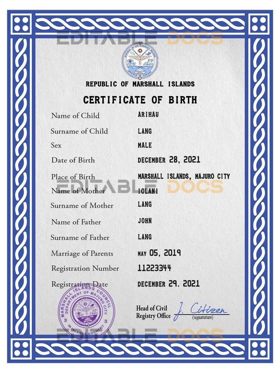 Marshall Islands vital record birth certificate PSD template Authentic Marshall Islands Birth Certificate Template | Customize and Download Online