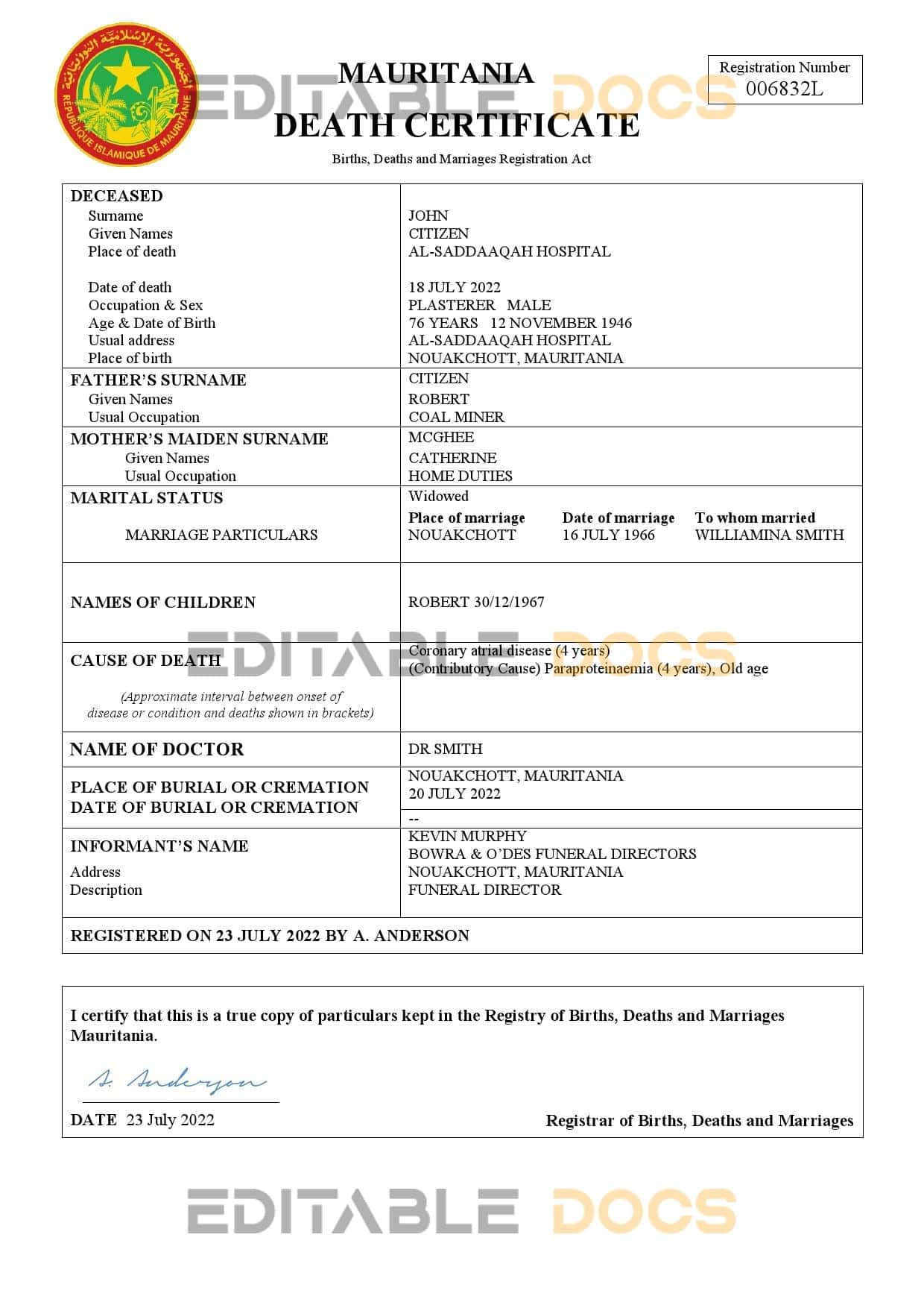 Mauritania vital record death certificate Word and PDF template