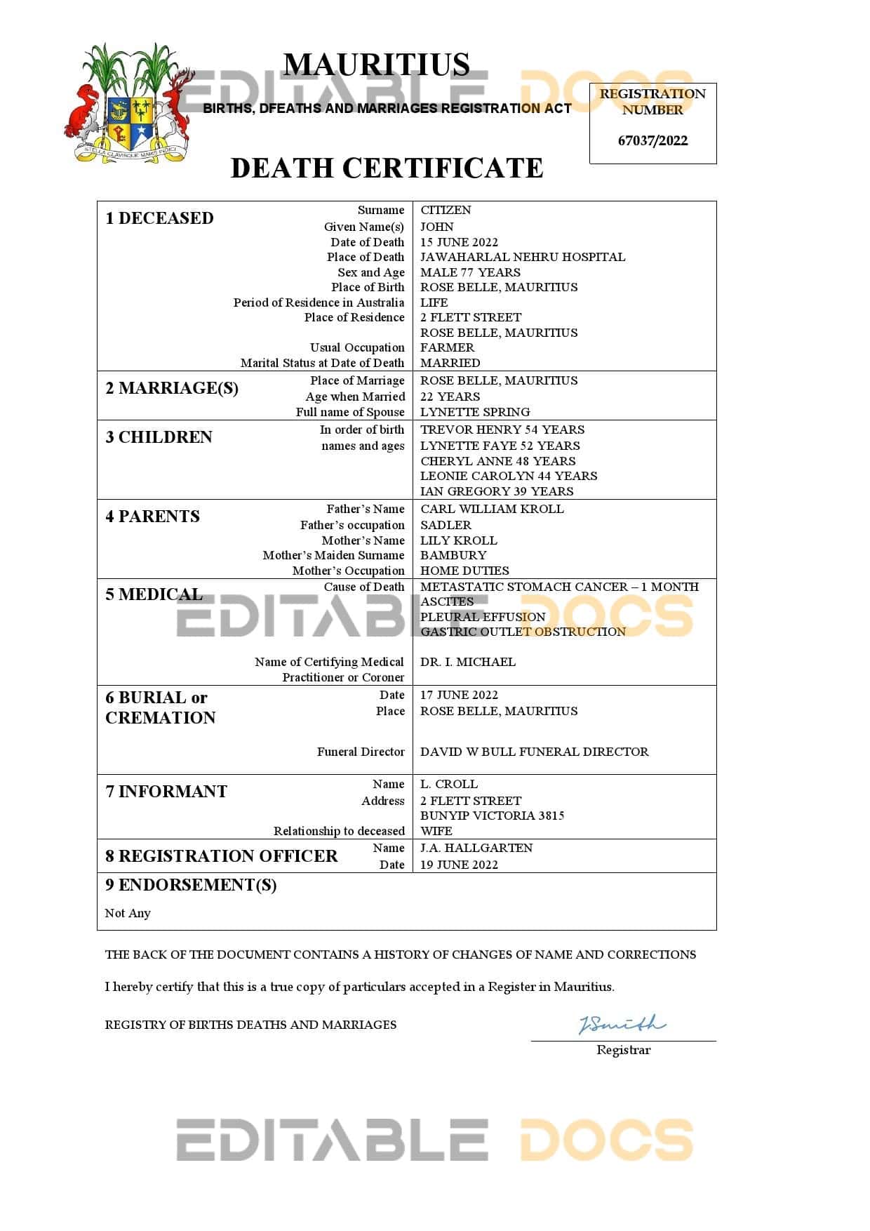 Mauritius death certificate Word and PDF template