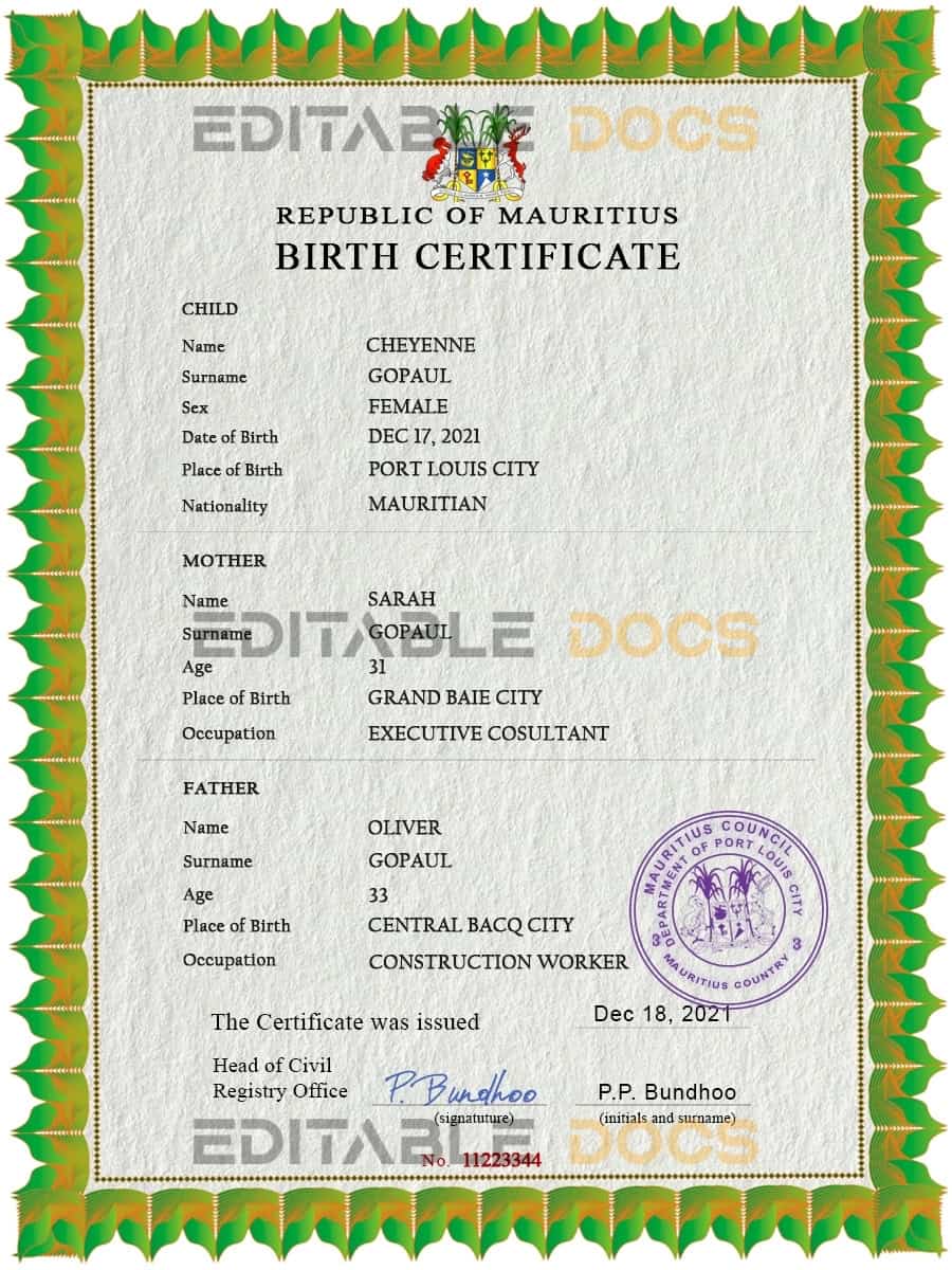 Mauritius vital record birth certificate PSD template Mauritius vital record birth certificate PSD template