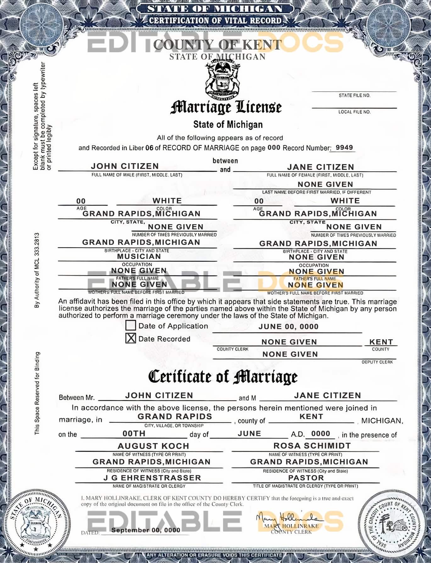 Michigan Marriage Certificate Editable PSD Templates