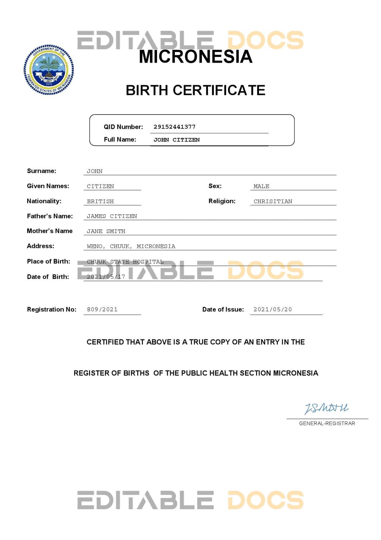Micronesia vital record birth certificate Word and PDF template